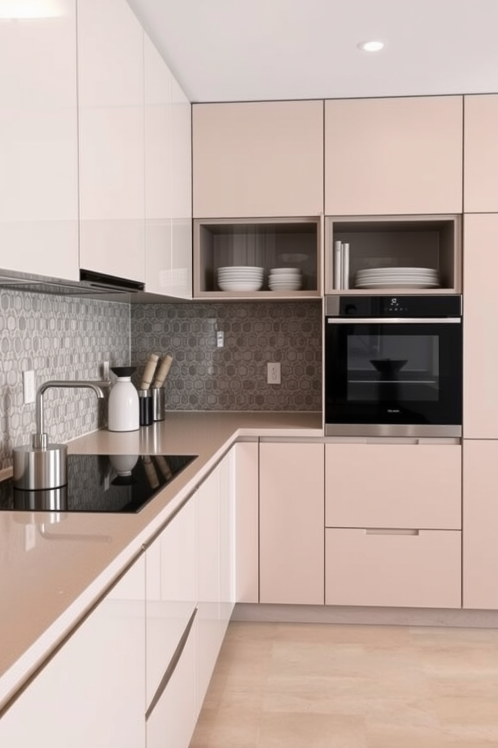 A modern modular kitchen featuring sleek cabinetry with under-cabinet lighting that creates a warm and inviting ambiance. The countertops are a polished quartz with a subtle veining pattern, complemented by stainless steel appliances and a spacious island for meal preparation.