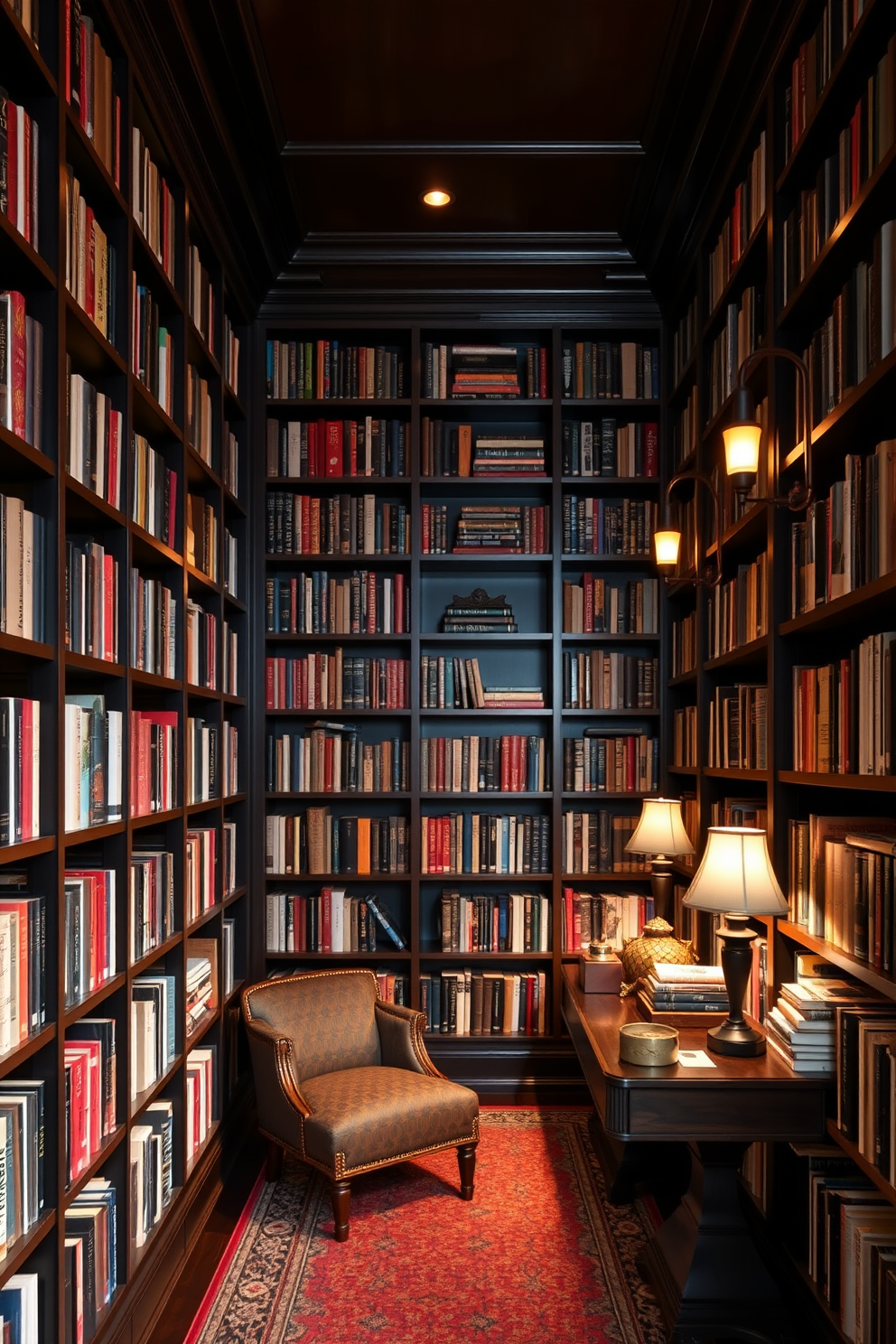 A cozy home library with dark wood bookshelves that stretch from floor to ceiling. Warm lighting illuminates the space, creating an inviting atmosphere perfect for reading and relaxation.