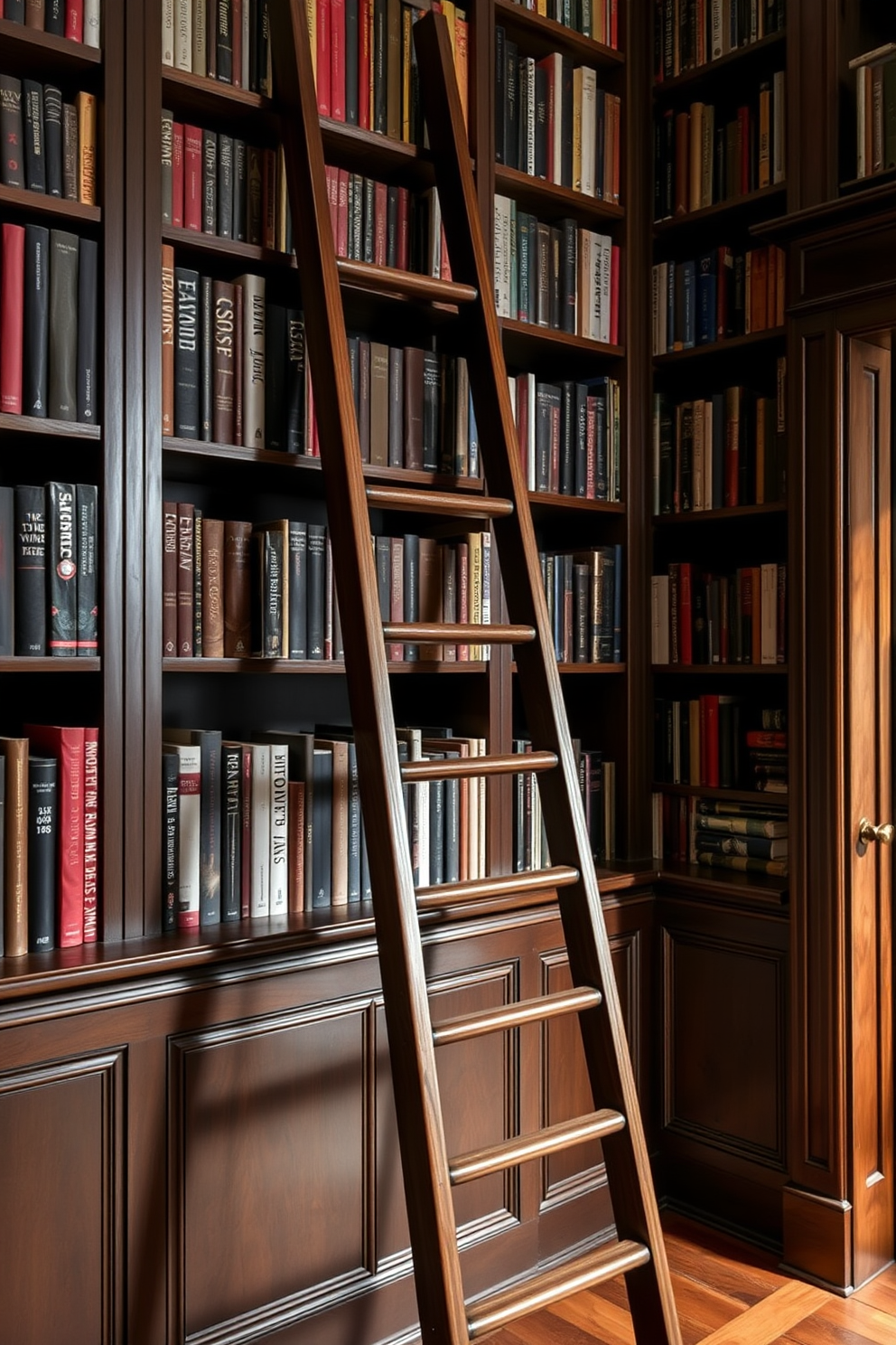 A classic wooden ladder leans against high shelves filled with an extensive collection of books. The rich, dark wood of the ladder contrasts beautifully with the warm, ambient lighting of the moody home library.