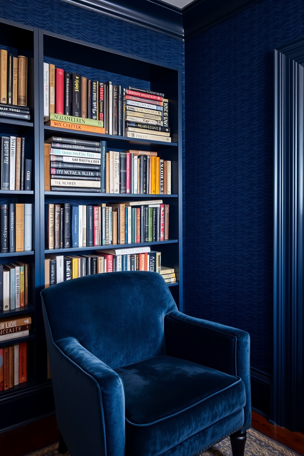 Textured wallpaper in deep navy blue creates a unique backdrop for a moody home library. The shelves are filled with an eclectic mix of books, and a plush velvet armchair invites you to settle in with a good read.