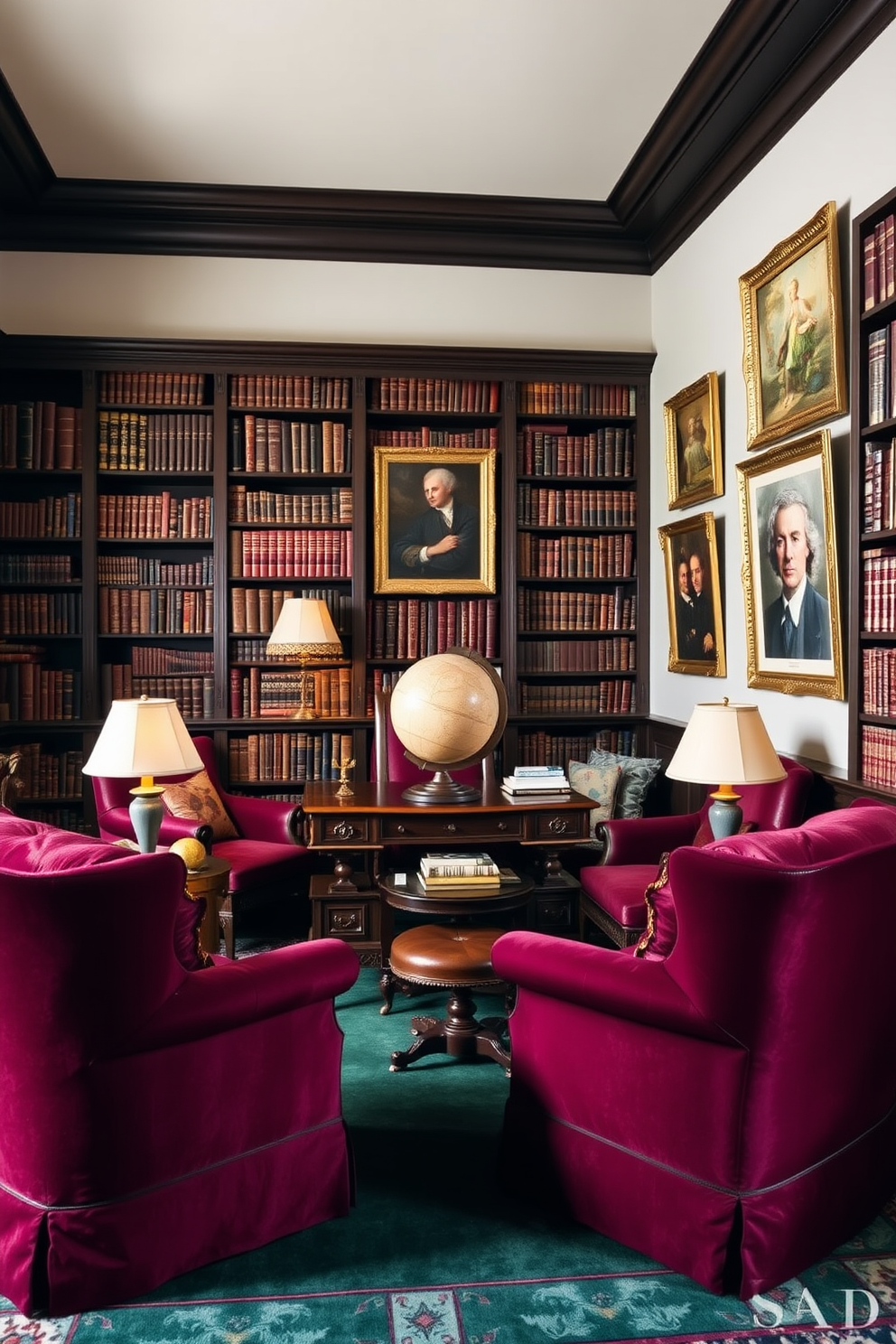 A cozy home library featuring dark wooden bookshelves filled with antique books. In the center, a vintage globe sits atop a mahogany desk, surrounded by plush armchairs upholstered in rich burgundy fabric. The walls are adorned with framed classical art and soft, warm lighting creates an inviting atmosphere. A deep green area rug anchors the space, adding a touch of elegance to the overall design.