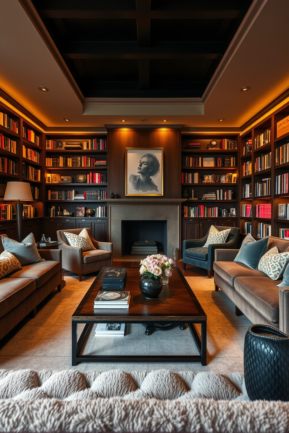 A low coffee table sits at the center of a cozy home library surrounded by plush seating. The room is illuminated by warm, soft lighting that creates an inviting atmosphere for reading and relaxation. Bookshelves line the walls, filled with an eclectic mix of books and decorative items. Rich, dark wood accents and deep, moody colors enhance the sophisticated yet comfortable vibe of the space.