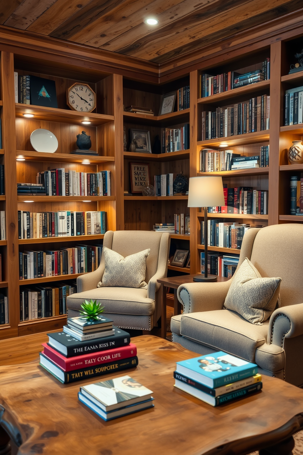 A cozy home library featuring natural wood accents that create a warm and inviting atmosphere. Shelves made of reclaimed wood line the walls, filled with books and decorative objects that reflect a love for literature. Soft, ambient lighting illuminates the space, with a large, plush armchair placed in the corner for comfortable reading. A rustic wooden coffee table sits in front of the chair, adorned with a small potted plant and a stack of favorite novels.