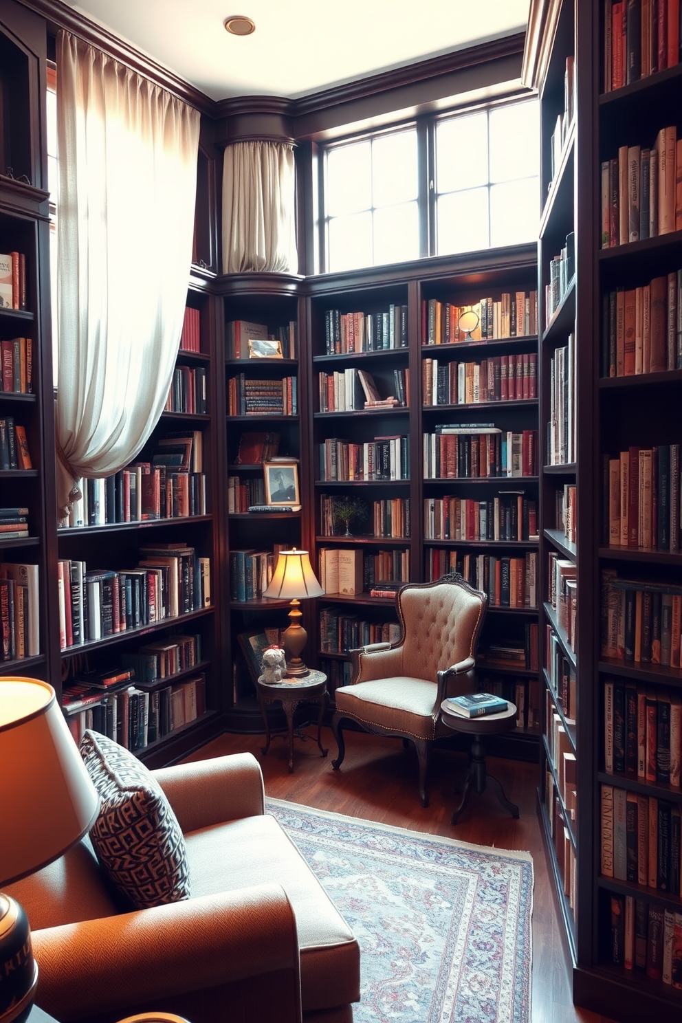 A cozy home library featuring personalized book displays that reflect the character's unique tastes. The walls are lined with dark wood shelves filled with an eclectic mix of books, and a plush reading nook is nestled in the corner with a vintage armchair and a small side table. Soft, warm lighting illuminates the space, creating an inviting atmosphere perfect for reading. A large window allows natural light to filter in, adorned with sheer curtains that gently sway with the breeze.