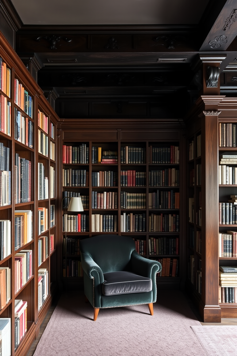 A moody home library with dark-stained beams creating architectural interest. The walls are lined with rich wooden bookshelves filled with an array of books, and a plush velvet armchair is tucked into a cozy reading nook.