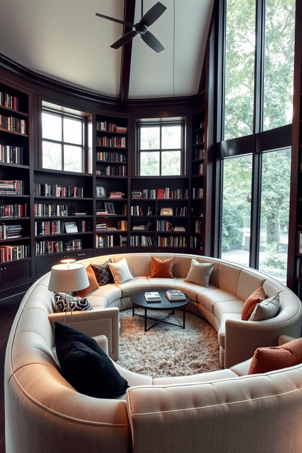 A cozy home library featuring curved sofas that invite relaxation and conversation. The walls are lined with dark wooden bookshelves filled with books, and a plush area rug adds warmth to the space. Soft lighting from stylish floor lamps creates a moody atmosphere perfect for reading. Large windows allow natural light to filter in, enhancing the inviting ambiance of the library.