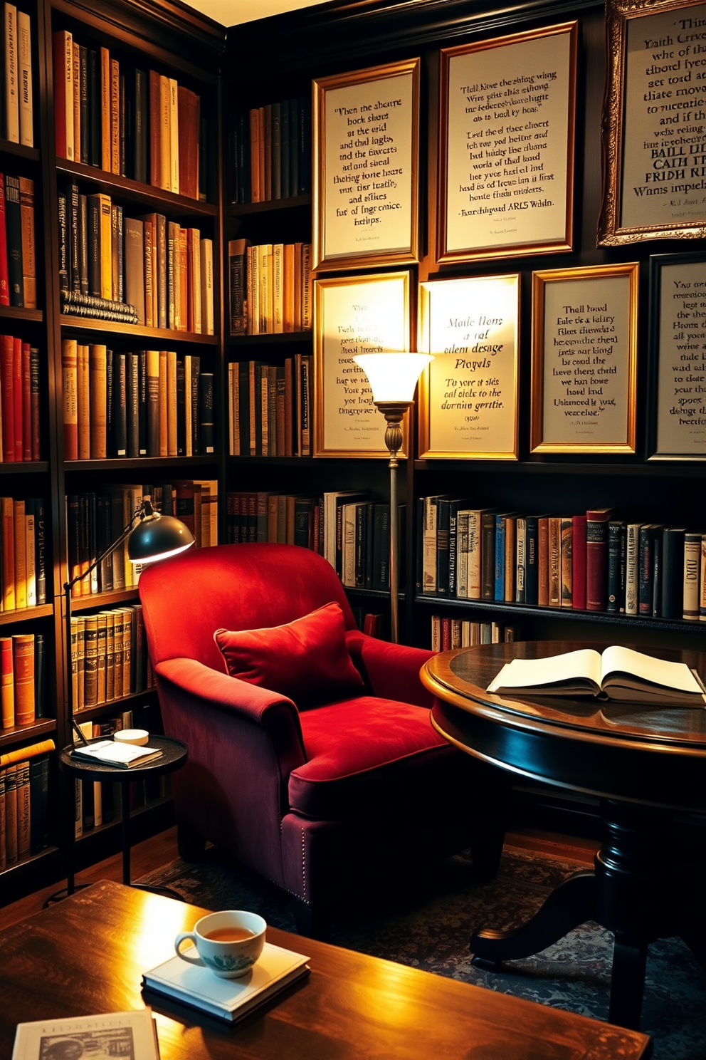 A cozy home library with dark wood bookshelves lining the walls filled with a diverse collection of books. A plush armchair upholstered in deep burgundy sits in the corner next to a small side table with a steaming cup of tea. Warm ambient lighting from a vintage floor lamp casts a soft glow over a large wooden desk covered in notebooks and stationery. Framed quotes in elegant frames are artfully arranged on the walls, each one offering inspiration and motivation to all who enter.