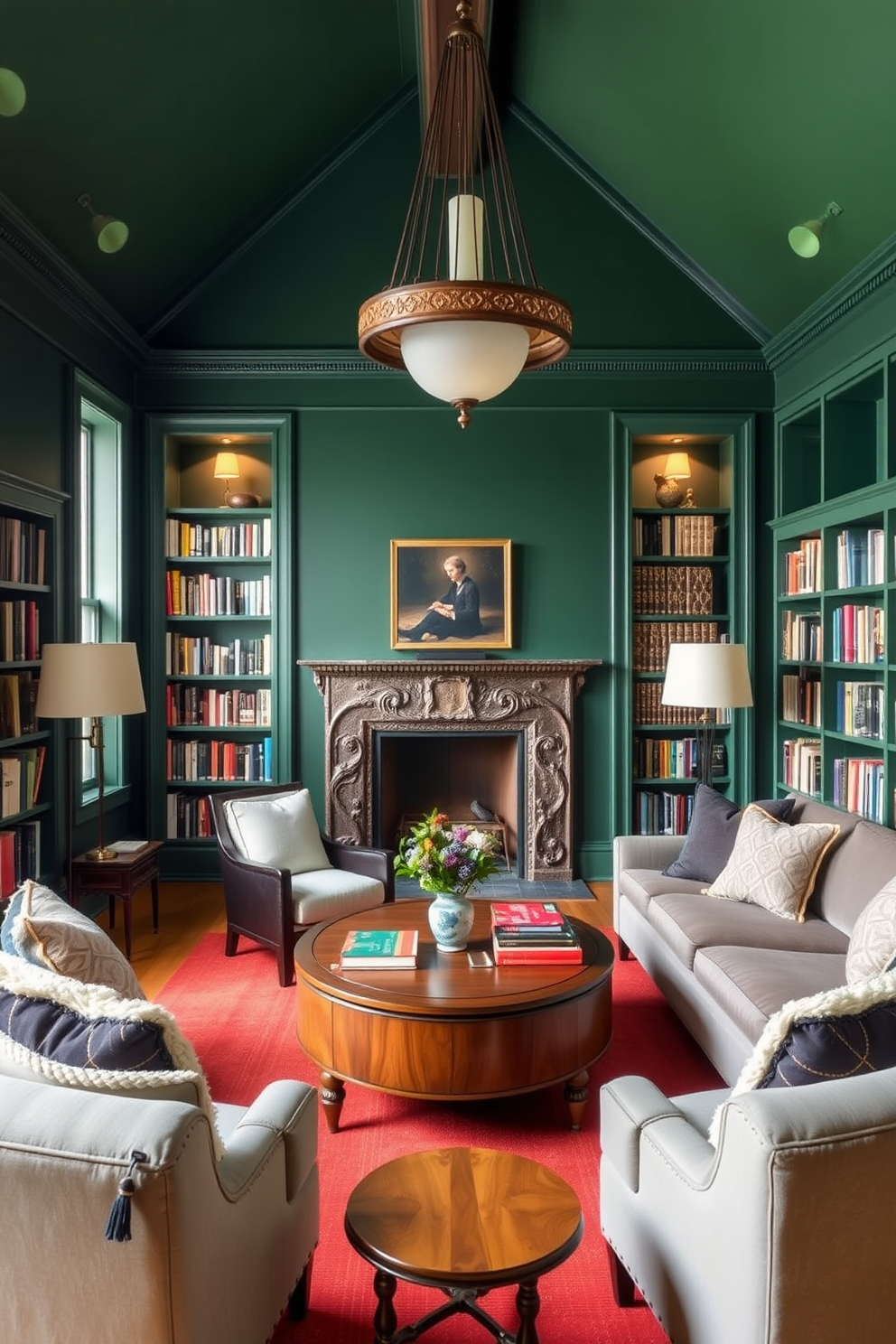 A cozy home library with deep green walls that create a warm and inviting atmosphere. Plush seating is arranged around a central coffee table, encouraging relaxation and reading.