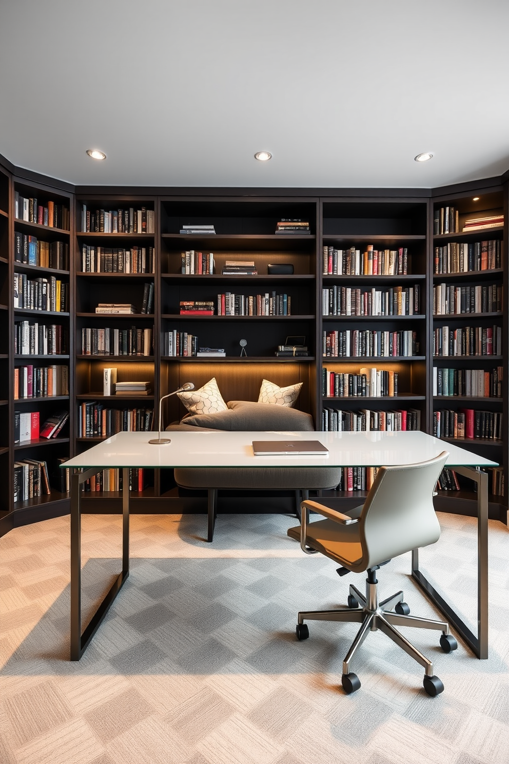 Sleek modern desk for functional workspace. The desk features a smooth glass top and minimalist metal legs, paired with an ergonomic chair in a neutral color. Moody home library design ideas. The library showcases dark wooden shelves filled with books, accented by warm ambient lighting and a cozy reading nook with plush seating.