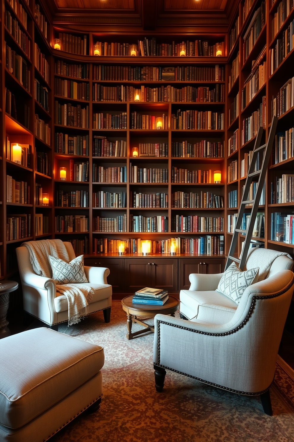 A cozy home library filled with rich wooden bookshelves that reach the ceiling. Soft, warm lighting from strategically placed mood-enhancing candles creates an inviting atmosphere. Plush armchairs are nestled in reading nooks, adorned with soft throw blankets and decorative pillows. A large area rug anchors the space, while a vintage ladder leans against the shelves, offering easy access to your favorite books.