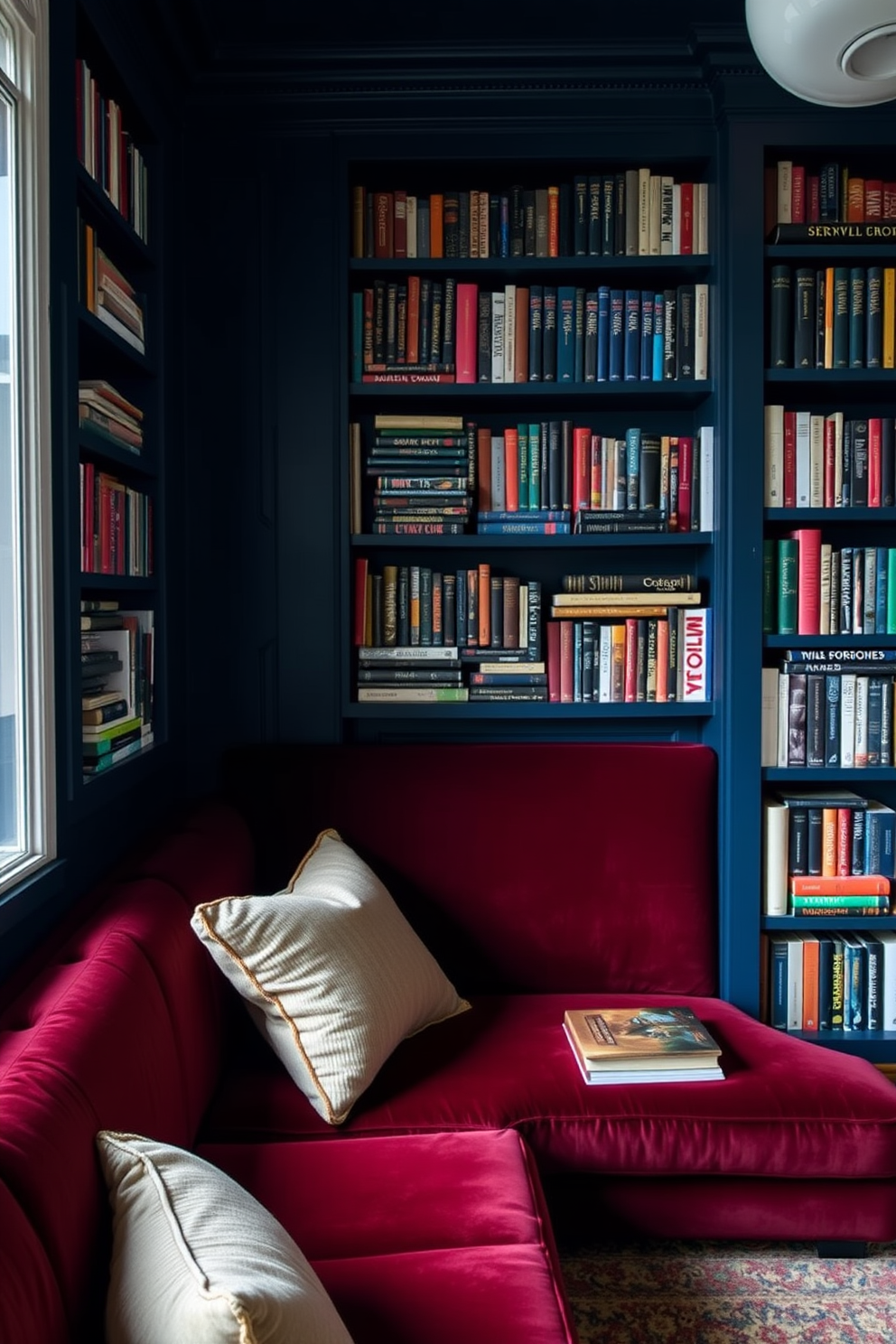 French doors open gracefully to a serene private patio adorned with lush greenery and comfortable seating. Inside, the moody home library features dark wood bookshelves filled with an extensive collection of books, creating an inviting atmosphere for reading and relaxation.