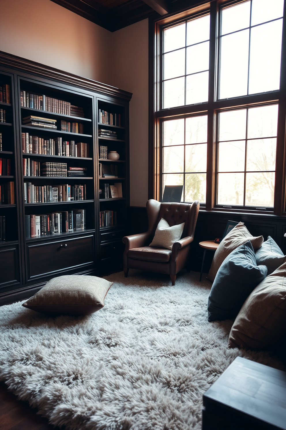 Cozy nook with oversized cushions. A plush area rug anchors the space, while large windows let in warm, natural light. Moody home library design ideas. Dark wood bookshelves line the walls, and a vintage leather armchair invites relaxation in the corner.