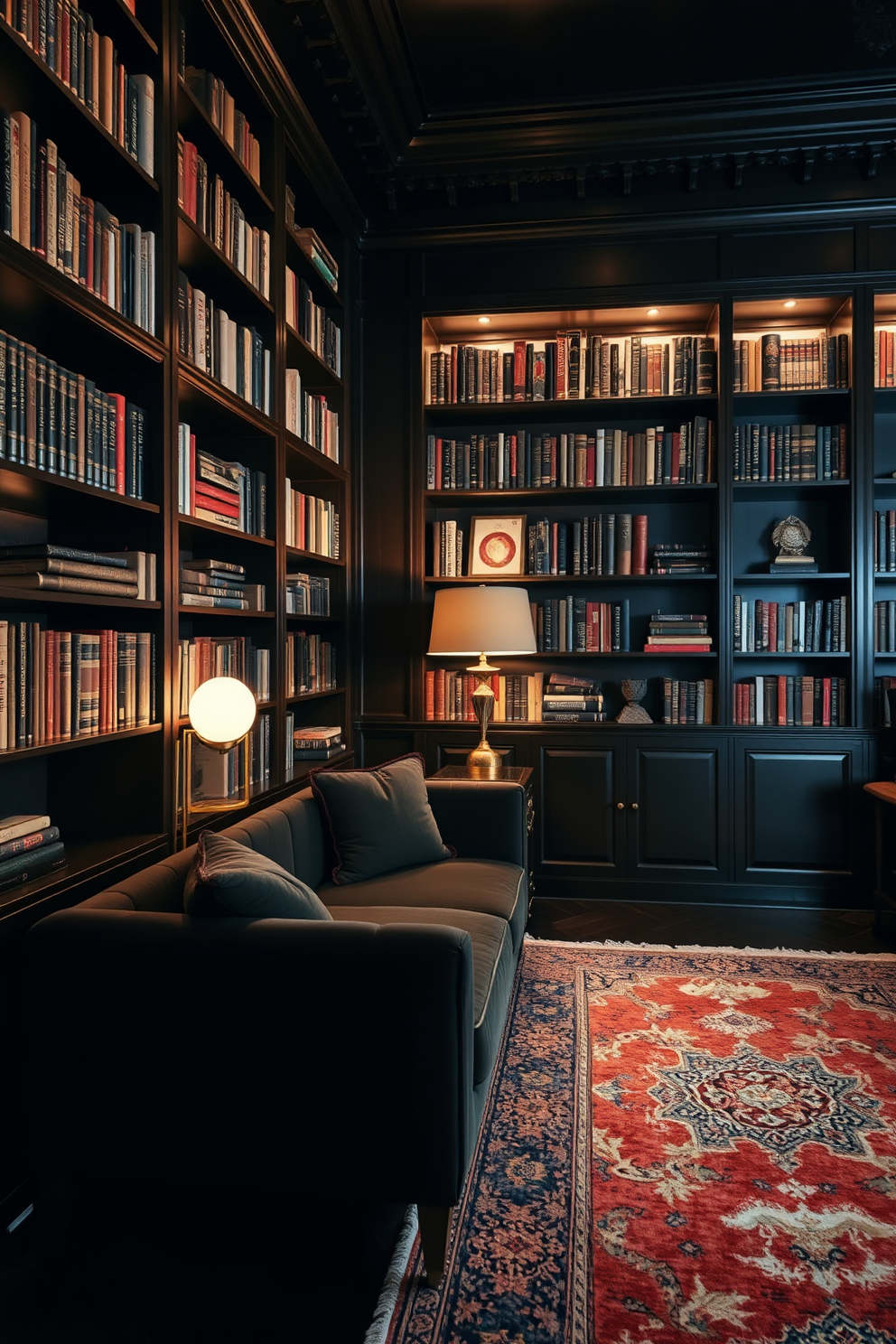 A stylish home library featuring elegant bookends that complement the overall aesthetic. The shelves are lined with a curated selection of books, and the lighting casts a warm glow over the polished wooden surfaces. Rich, dark walls create a moody atmosphere while plush seating invites relaxation and contemplation. A vintage rug adds texture and warmth, enhancing the sophisticated vibe of the space.