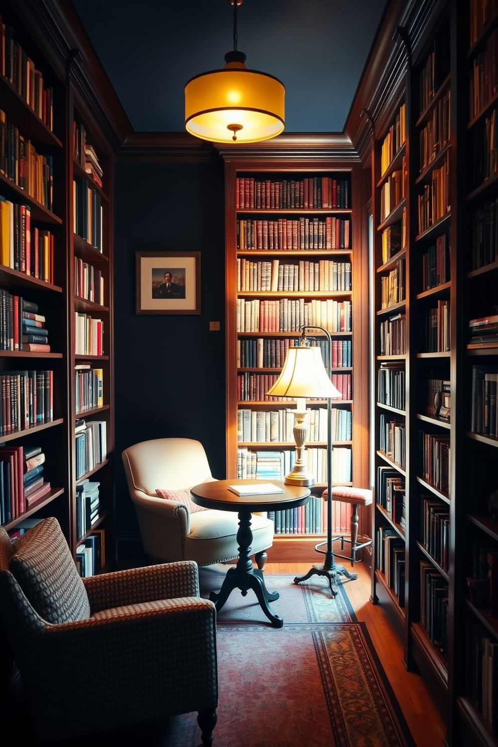 A cozy home library with dark wood bookshelves filled with an extensive collection of books. A plush armchair is positioned next to a small round table, creating an inviting reading nook. Warm light from a vintage floor lamp casts a soft glow across the room. A rich, deep blue accent wall adds a touch of sophistication, while a patterned area rug anchors the space.