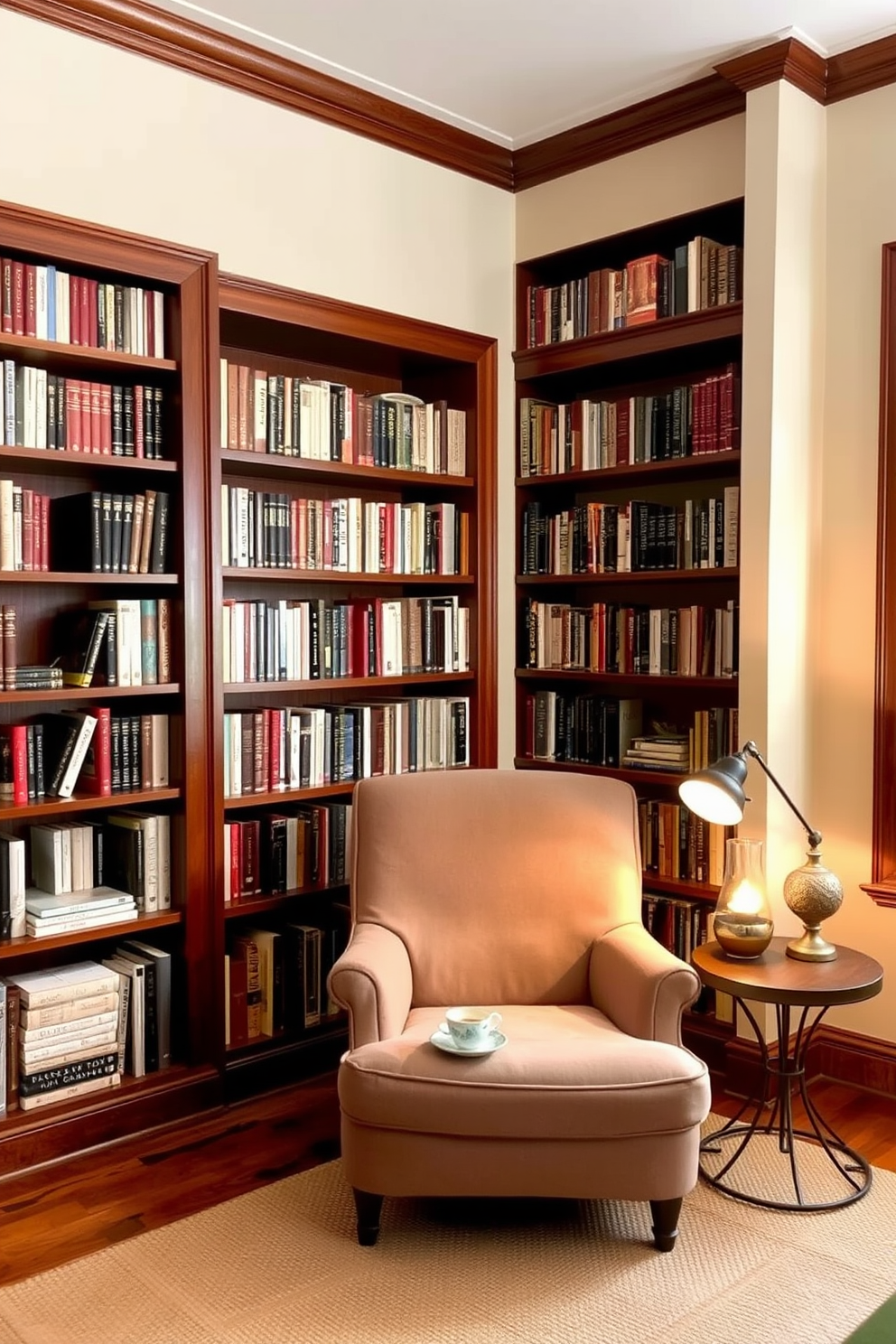 A cozy home library with rustic wooden beams exposed on the ceiling. The walls are lined with dark wood bookshelves filled with books, creating a warm and inviting atmosphere. A large, plush armchair sits in the corner, accompanied by a small side table for drinks. Soft, ambient lighting from vintage-style lamps enhances the moody ambiance, perfect for reading.