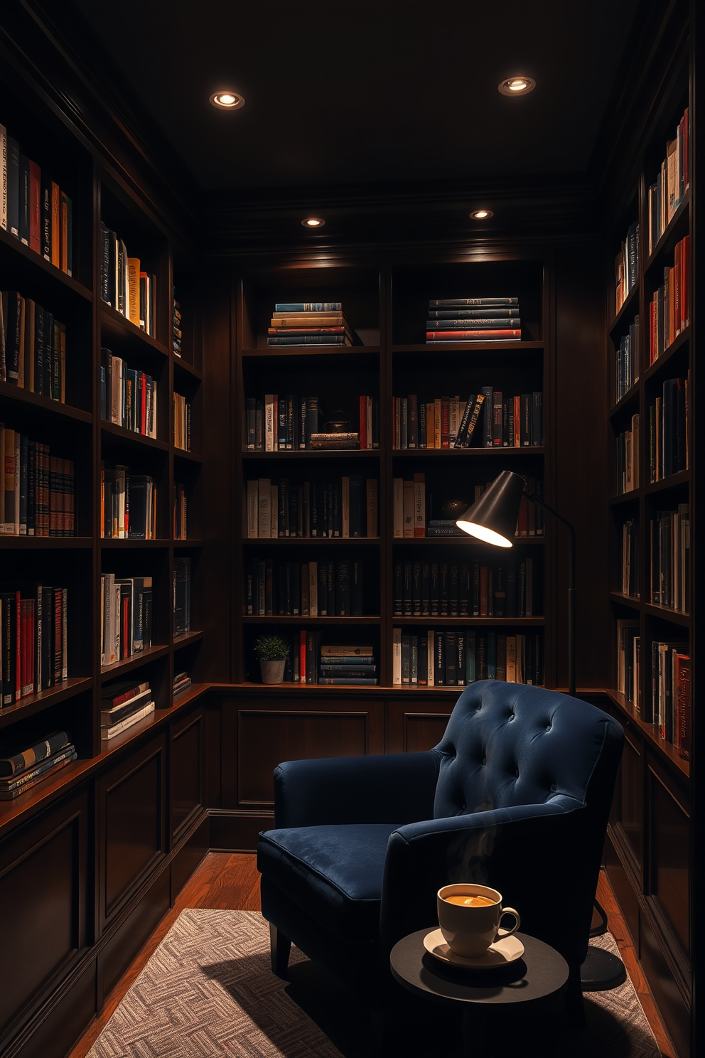 A moody home library setting with layered lighting that creates a warm and inviting atmosphere. Soft recessed lights illuminate the shelves filled with books, while a stylish floor lamp provides focused reading light in the cozy seating area. Rich dark wood bookshelves line the walls, showcasing a curated collection of literature and decorative objects. A plush armchair in a deep jewel tone invites relaxation, complemented by a small side table holding a steaming cup of tea.