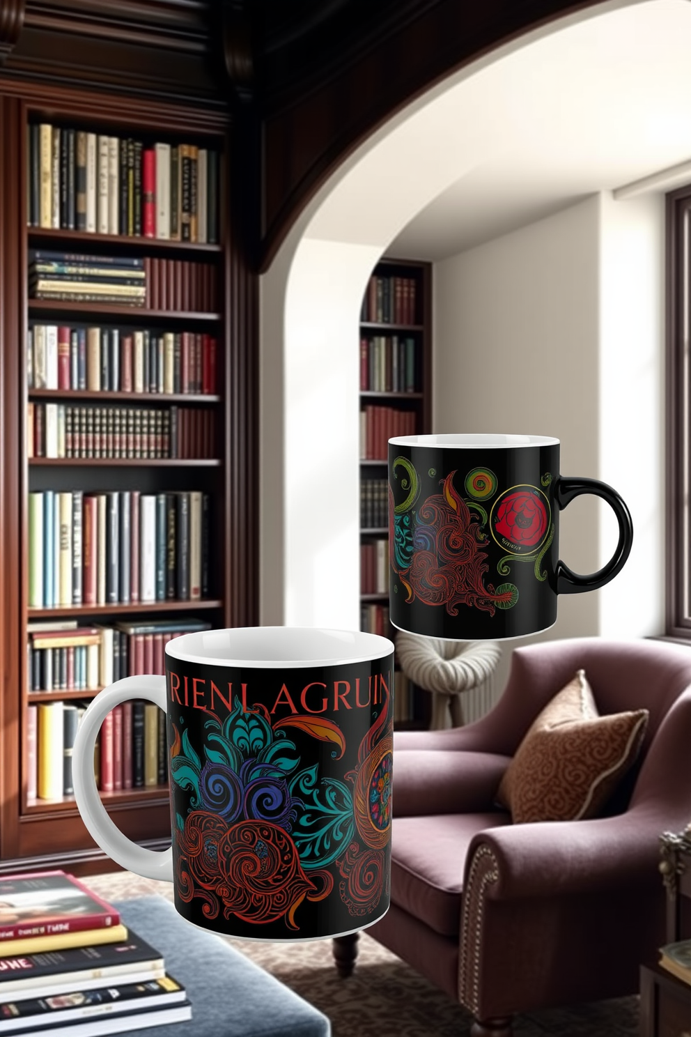 Unique coffee mugs for personal flair. Each mug showcases an artistic design, featuring vibrant colors and intricate patterns that reflect individual personalities. Moody Home Library Design Ideas. The library is adorned with dark wood shelves filled with books, and a cozy reading nook with a plush armchair and soft lighting creates an inviting atmosphere.