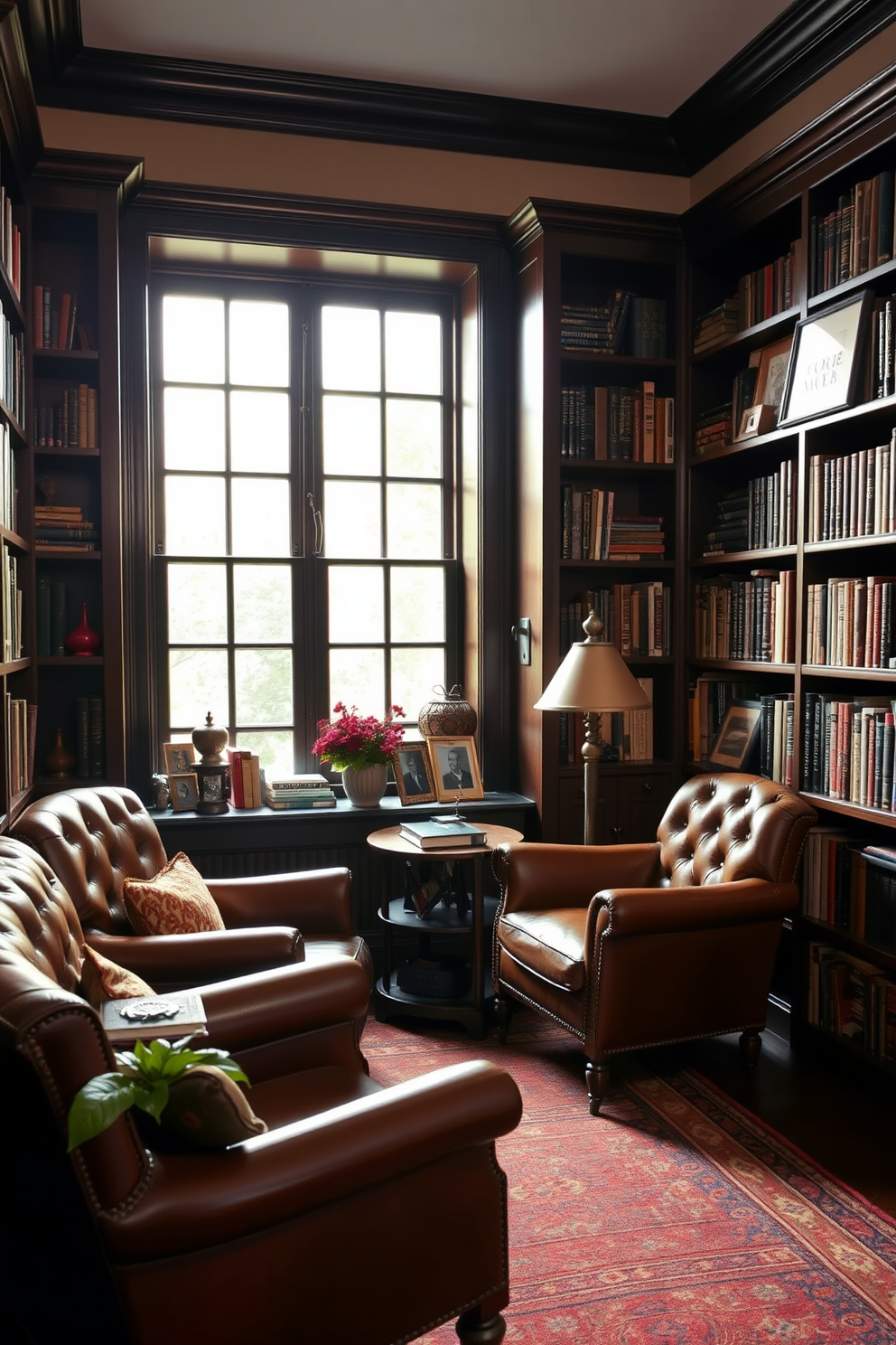 A cozy home library featuring vintage leather armchairs positioned near a large window with soft natural light filtering in. The walls are lined with dark wooden bookshelves filled with an eclectic mix of books and decorative items, creating an inviting atmosphere for reading.