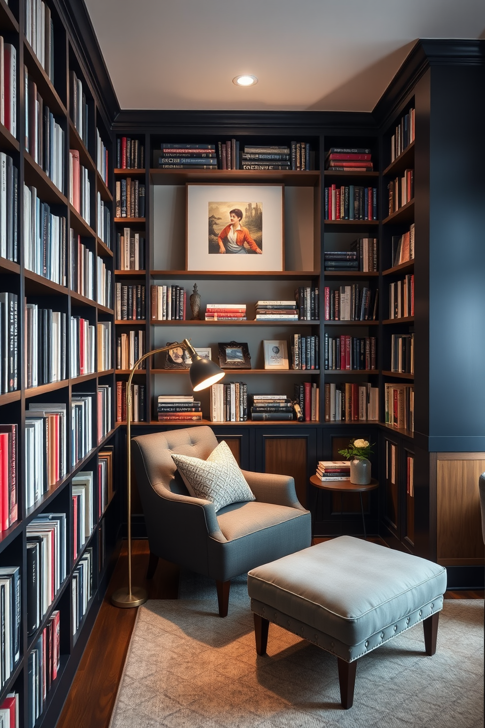 A stylish home library designed for organization features built-in shelving that spans the walls, showcasing a mix of books and decorative items. A cozy reading nook is created with a plush armchair and a small side table, illuminated by a vintage floor lamp. Incorporating moody colors, the library has deep navy walls that add a sense of drama, while warm wood accents provide contrast. Soft, ambient lighting enhances the inviting atmosphere, making it a perfect retreat for reading and reflection.