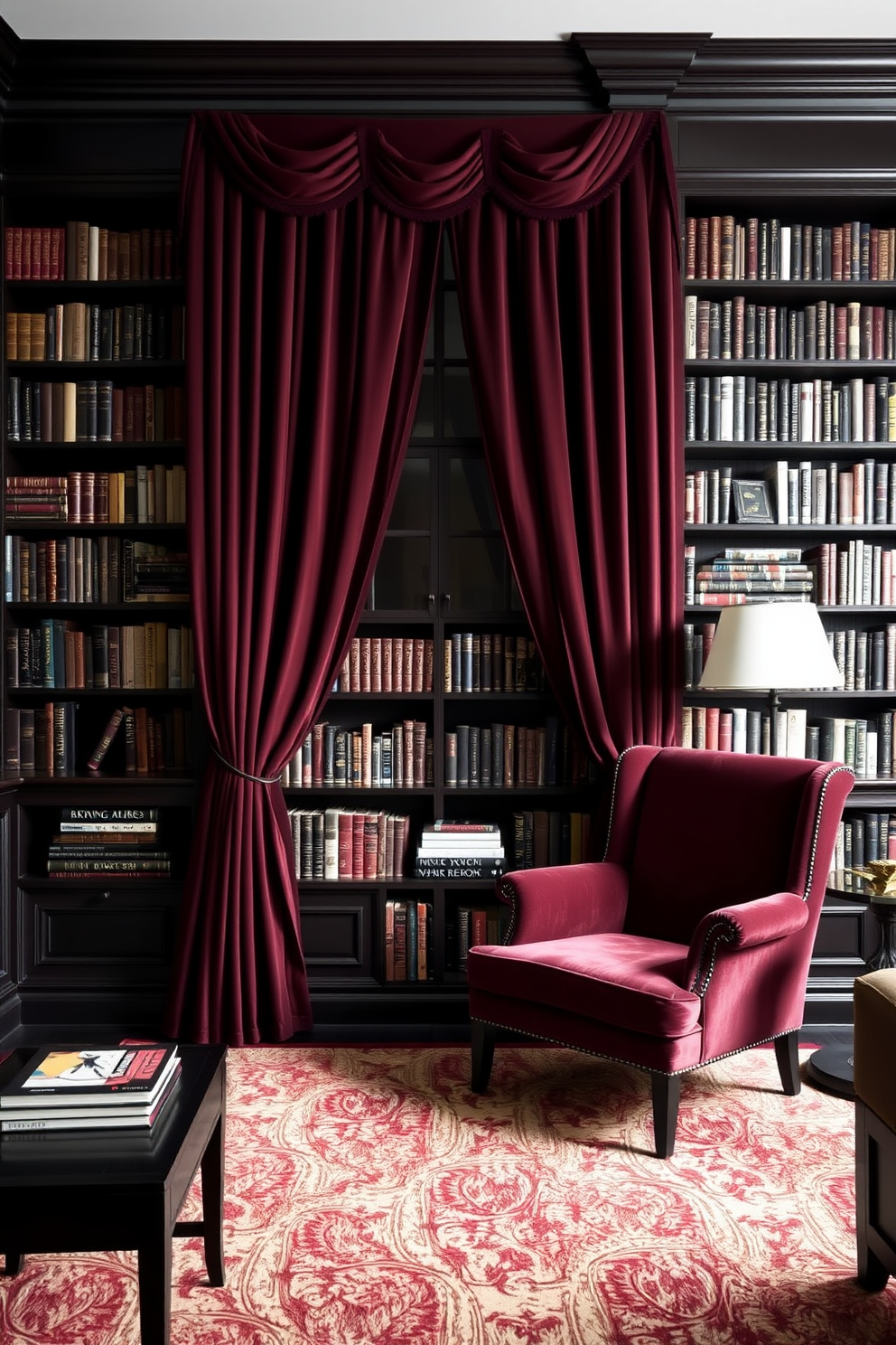 A moody home library featuring rich burgundy curtains that cascade elegantly from the ceiling to the floor. The walls are adorned with dark wood bookshelves filled with an array of books, while a plush velvet armchair in a deep shade complements the overall ambiance.