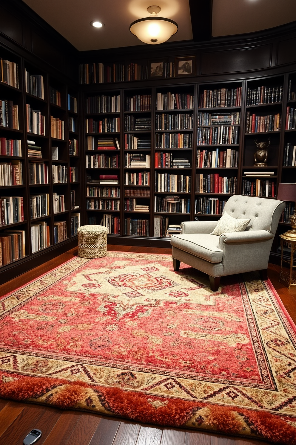 Layered rugs in a cozy home library create a sense of depth and comfort. Rich textures and contrasting patterns invite relaxation and stimulate creativity. The library features dark wood bookshelves filled with an array of books. A plush armchair sits in the corner, surrounded by soft, ambient lighting for a perfect reading nook.