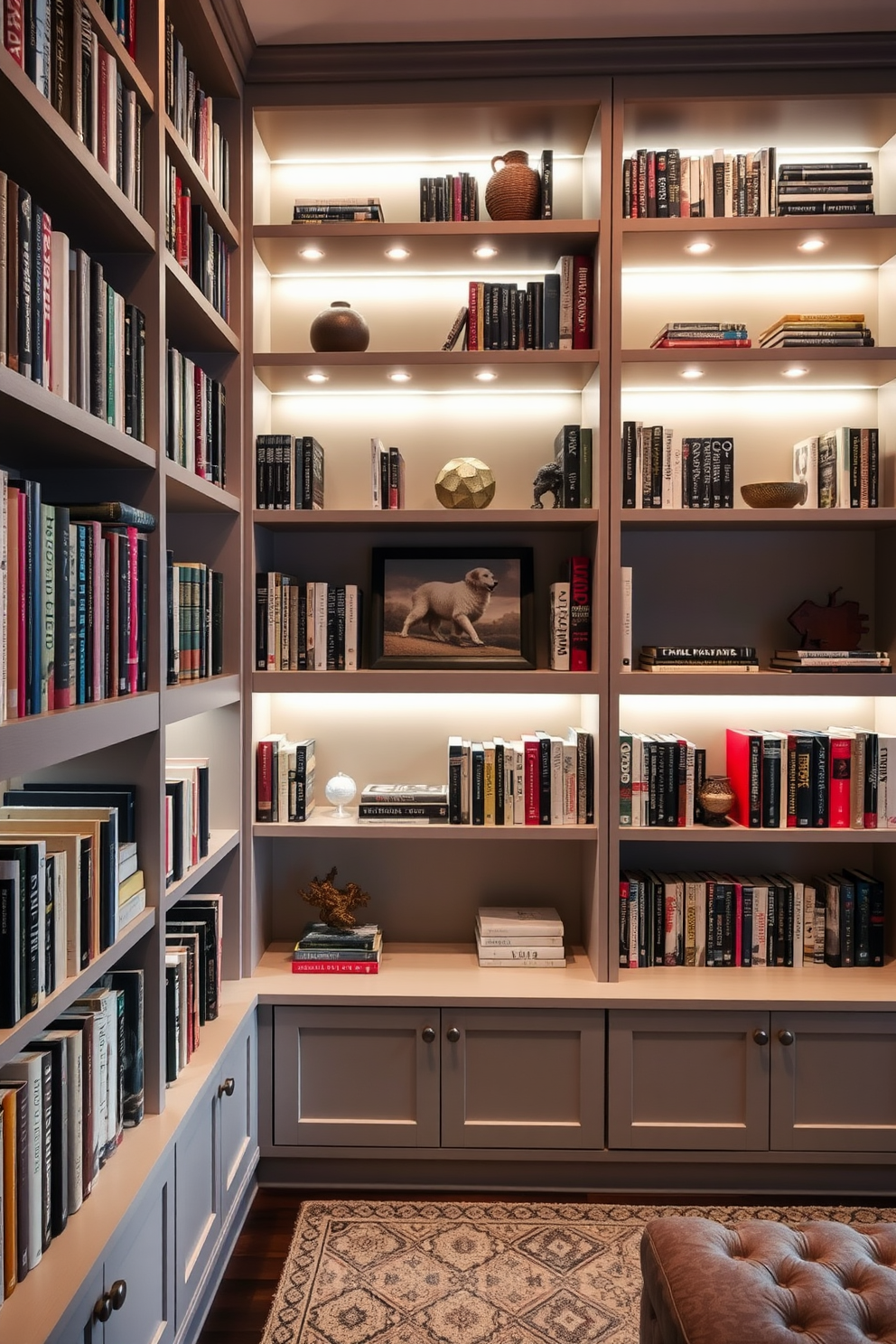 A cozy home library featuring built-in shelves that stretch from floor to ceiling. The shelves are adorned with a curated collection of books and decorative items, while hidden lighting accents create a warm and inviting atmosphere.