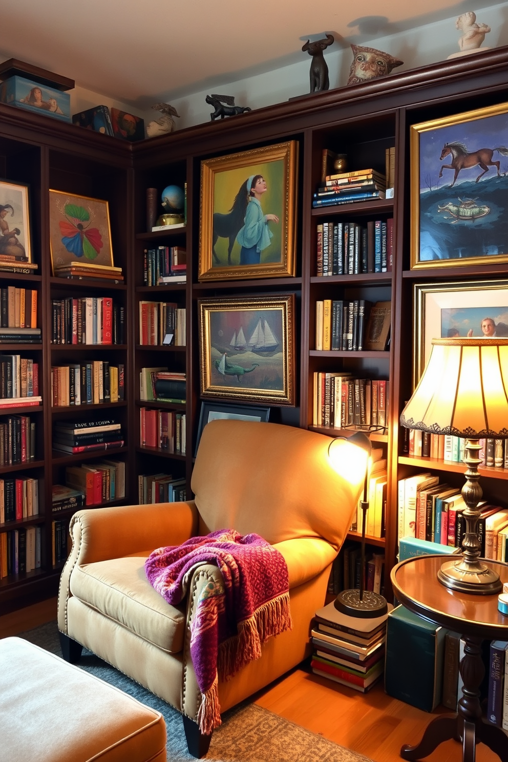 A cozy home library filled with eclectic artwork that inspires creativity. The walls are lined with dark wooden shelves, overflowing with books, and adorned with vibrant paintings and unique sculptures. A plush reading chair sits in the corner, draped with a colorful throw blanket. Soft, warm lighting from a vintage lamp creates an inviting atmosphere, perfect for immersing oneself in literature.