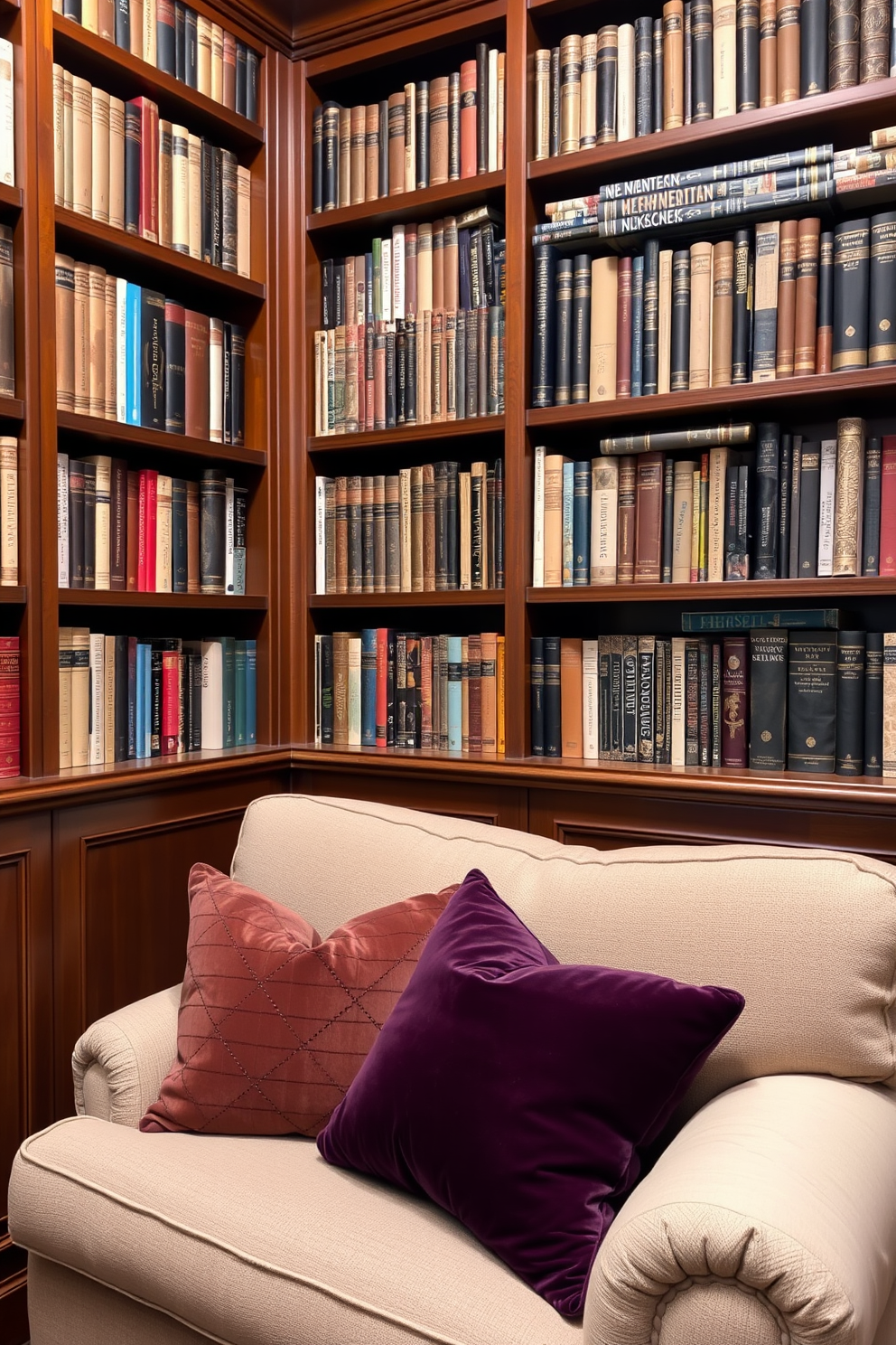 A cozy home library with rich wooden bookshelves filled with an array of books. Soft velvet throw pillows in dark hues are scattered across a plush reading nook, inviting relaxation and comfort.