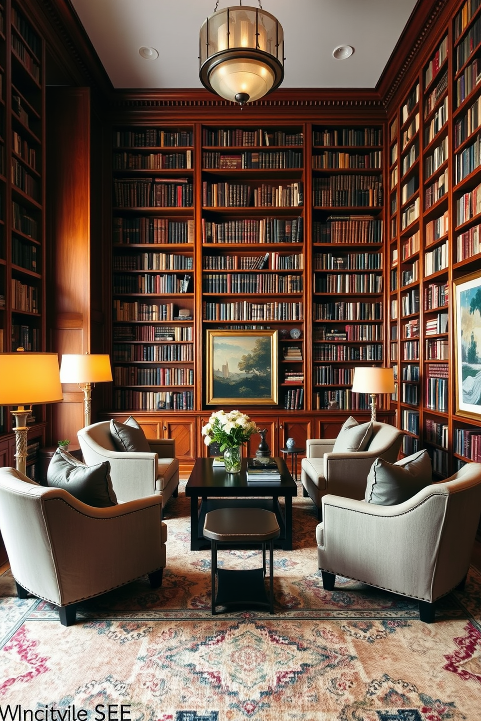 A cozy home library filled with rich wooden bookshelves that reach the ceiling. Plush armchairs are strategically placed around a central coffee table, creating an inviting reading nook. Soft mood lighting emanates from stylish floor lamps that cast a warm glow across the room. A large area rug adds texture and comfort underfoot, while framed artwork adorns the walls, enhancing the intellectual ambiance.