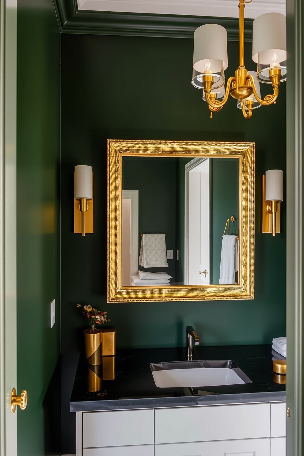 Deep green walls create a rich and inviting atmosphere complemented by elegant gold accents throughout the space. A statement mirror with a gold frame hangs above a sleek vanity, while stylish lighting fixtures add warmth and sophistication.