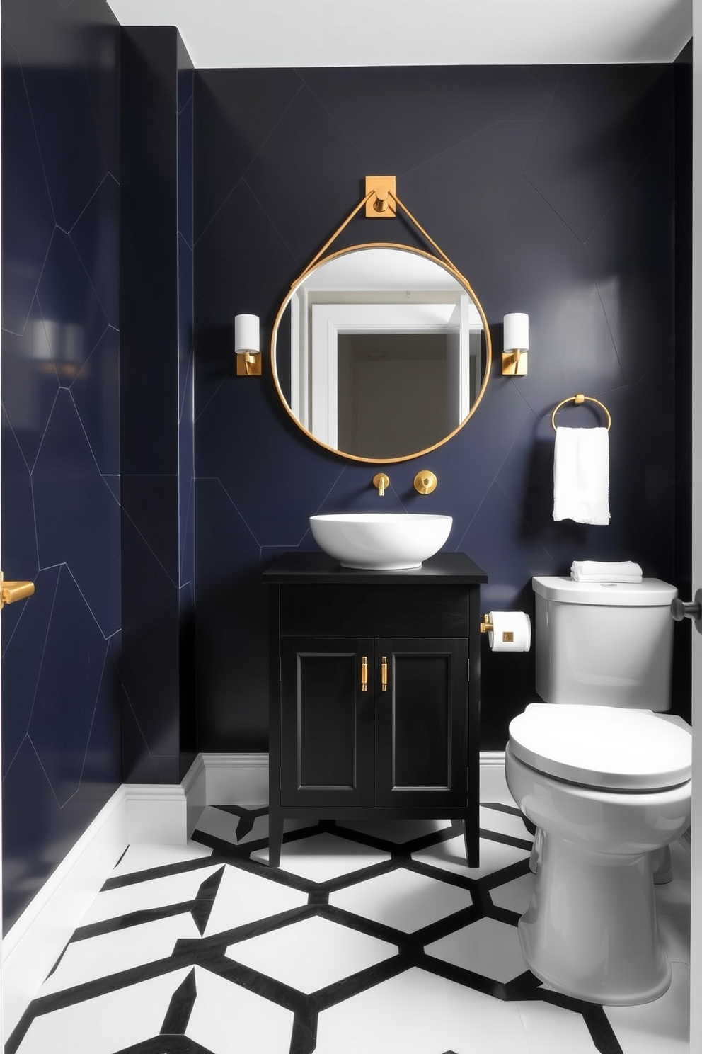 A moody powder room with deep purple walls that create a dramatic atmosphere. The space features chic decor elements, including a sleek black vanity with a gold faucet and a round mirror that reflects the elegant surroundings.