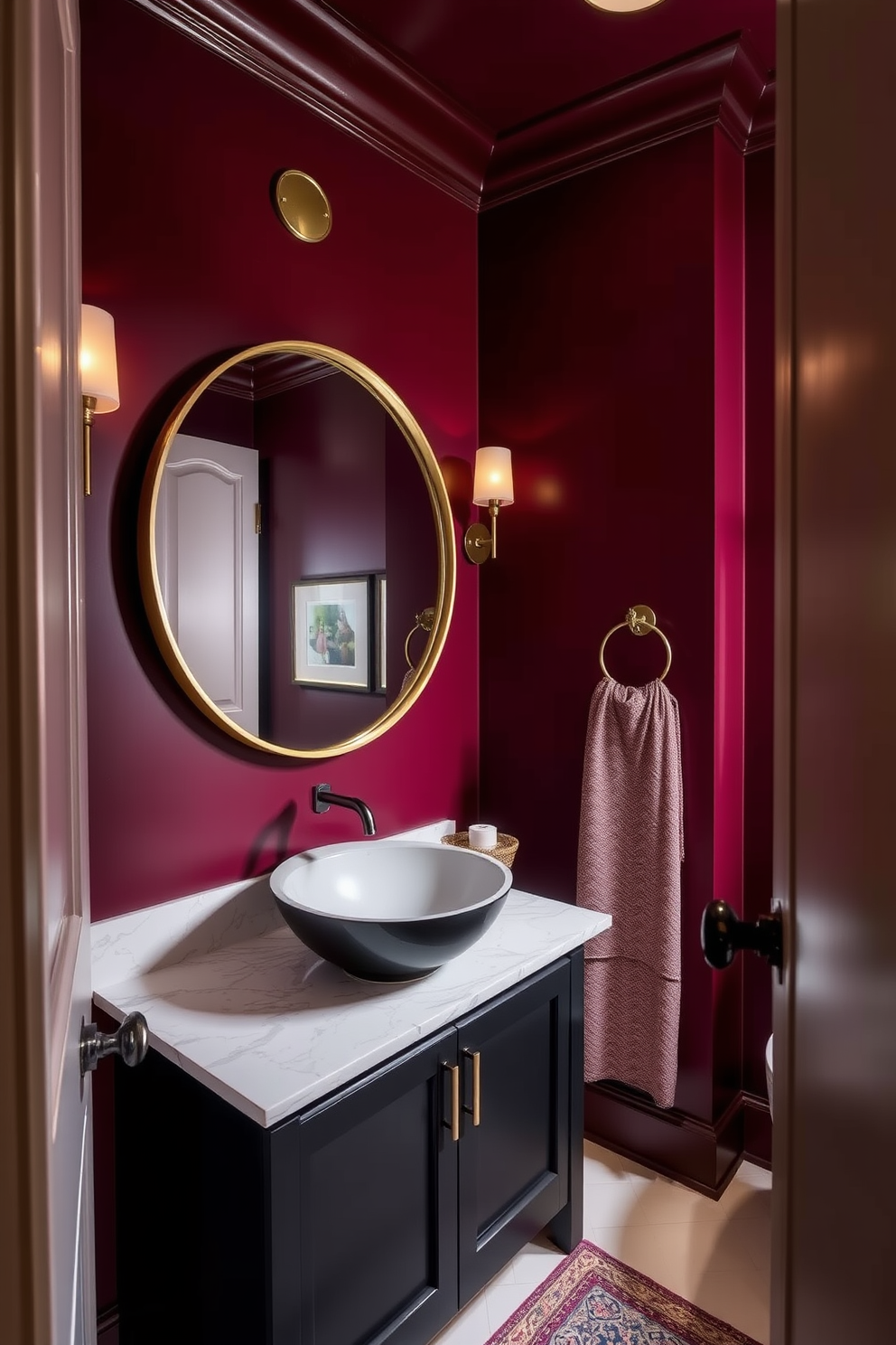 A moody powder room featuring deep burgundy walls that create a rich and inviting atmosphere. Soft lighting fixtures elegantly illuminate the space, highlighting the intricate details of the design. A sleek black vanity with a white marble countertop sits against the wall, complemented by a stylish vessel sink. A large round mirror with a gold rim reflects the warm tones of the room, enhancing the overall ambiance.