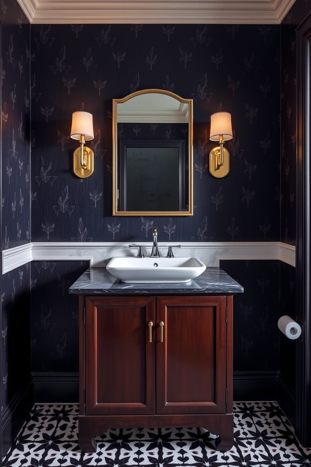 Elegant sconces frame the vanity area, casting a warm glow over the rich, dark wood cabinetry. The walls are adorned with deep navy wallpaper featuring subtle gold accents, creating a luxurious backdrop for the space. A sleek, modern sink with a polished chrome faucet sits atop the vanity, complemented by a stylish marble countertop. The floor is laid with intricate black and white tiles, adding a striking contrast to the overall design.