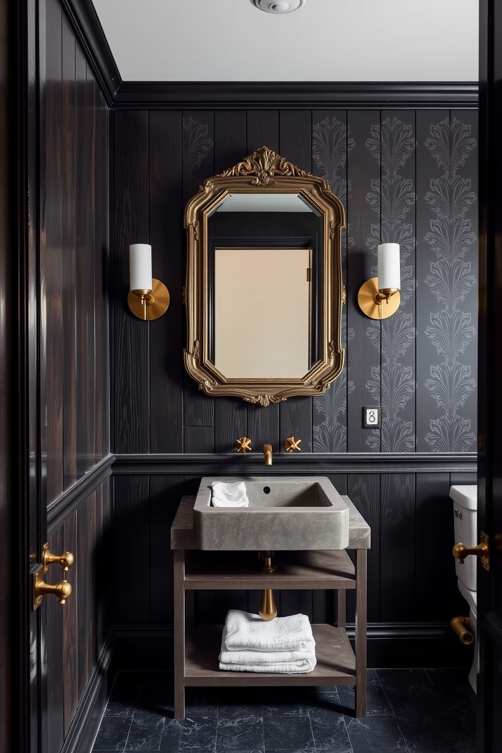 A moody powder room featuring a blend of mixed materials. Dark wood paneling contrasts with a sleek concrete sink and brass fixtures, creating an inviting yet dramatic atmosphere. The walls are adorned with deep, rich colors, complemented by a stunning patterned wallpaper. A vintage mirror hangs above the sink, reflecting the warm glow of strategically placed sconces.