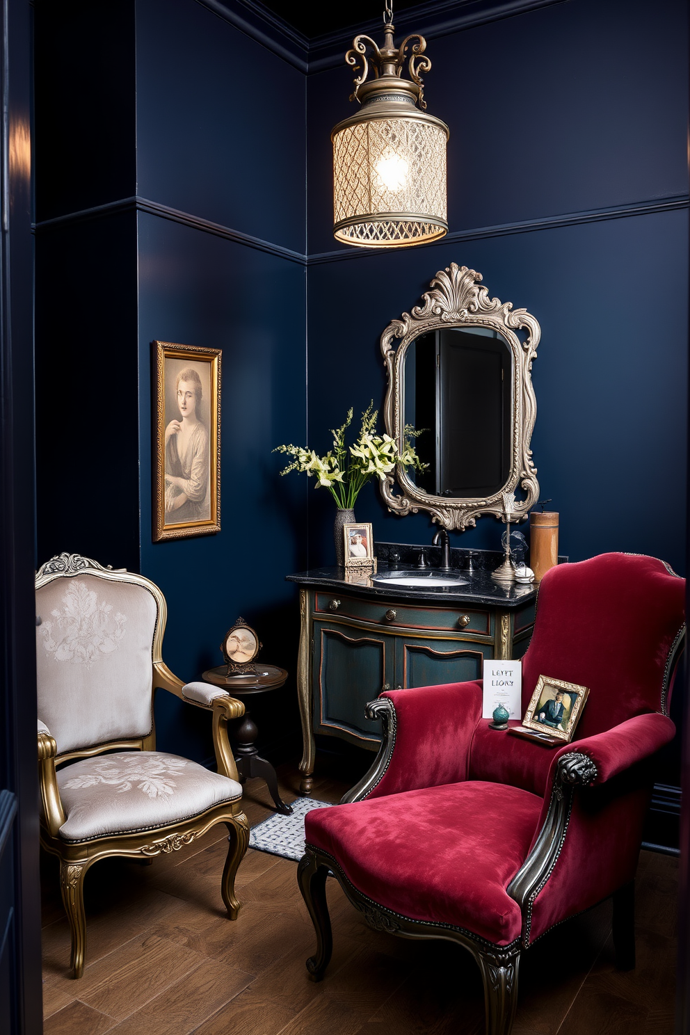 A moody powder room featuring vintage furniture pieces that add character and charm. The walls are painted in a deep navy blue, and a distressed wooden vanity with an ornate mirror creates a focal point. An antique armchair upholstered in rich velvet sits in one corner, while a small round table displays a collection of vintage decor items. Soft lighting from a decorative pendant lamp casts a warm glow, enhancing the room's inviting atmosphere.