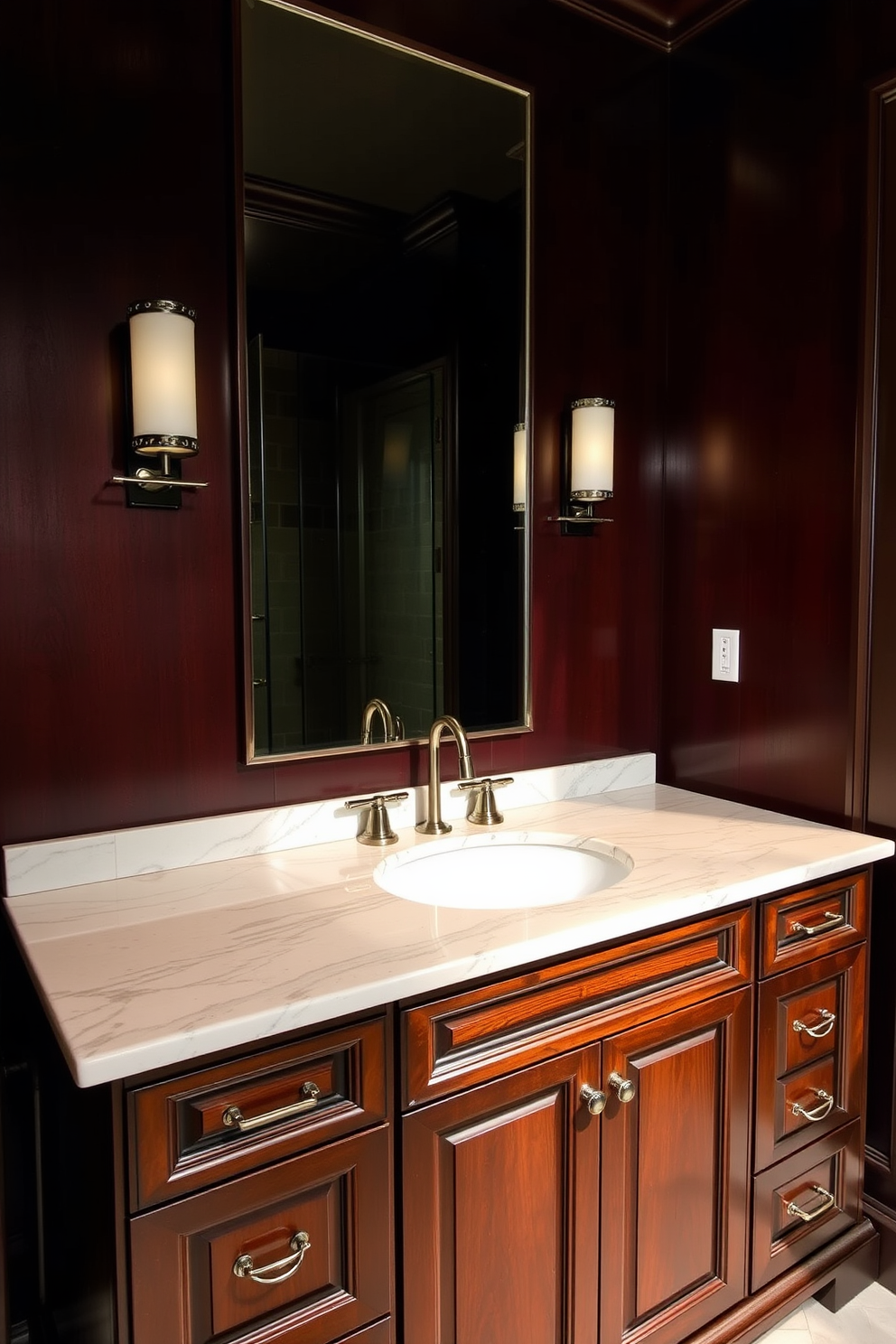 Dark wood vanity with a polished marble top that reflects the soft lighting. The walls are adorned with deep, rich colors, creating a cozy and intimate atmosphere.