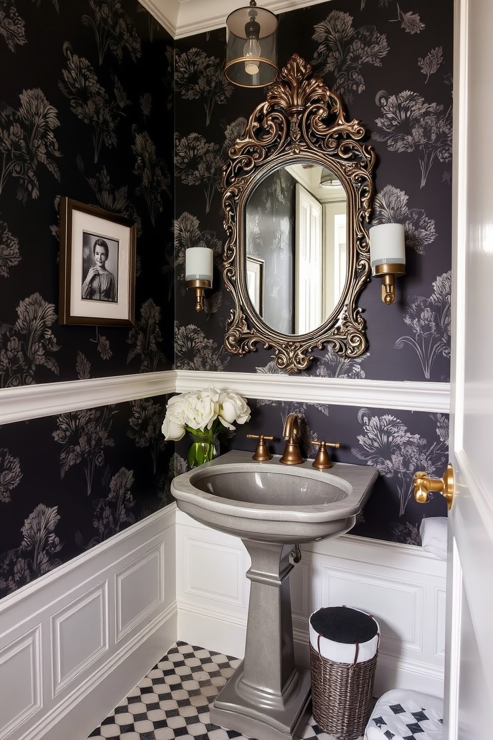 A moody powder room features rich navy wallpaper adorned with intricate white trim. The space is accentuated by a sleek white pedestal sink and a vintage-style mirror that reflects the elegant design.