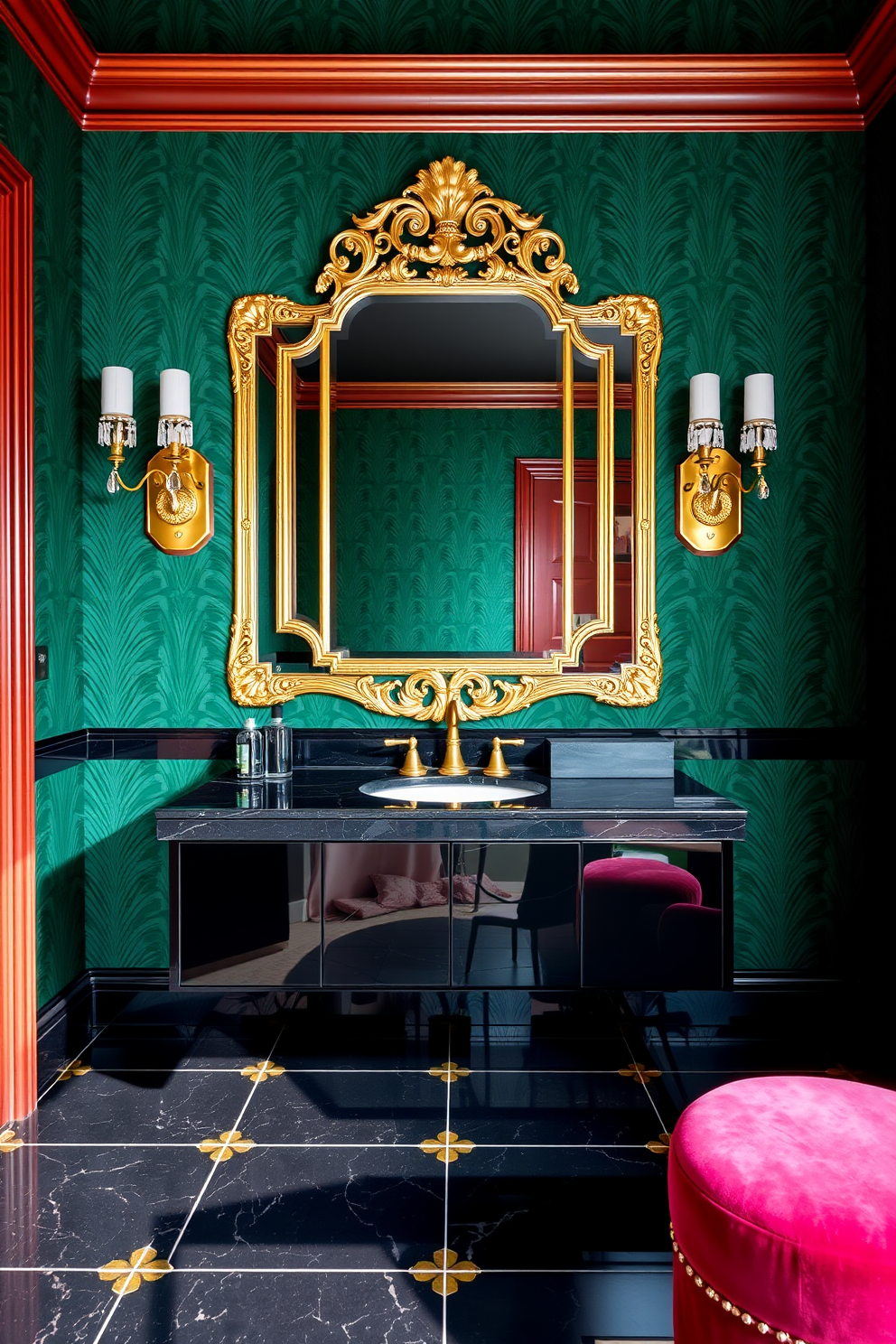 Art deco style with rich colors. The walls are adorned with deep emerald green wallpaper featuring geometric patterns, complemented by a lavish gold-framed mirror above a sleek black vanity. The floor is covered in glossy black tiles with gold accents, creating a striking contrast. Elegant sconces with crystal details illuminate the space, while a plush velvet stool in burgundy adds a touch of luxury.