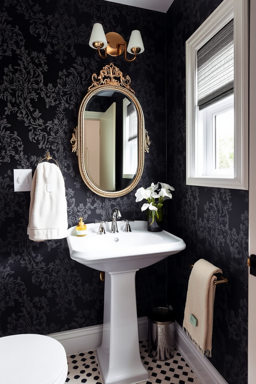 A moody powder room featuring rich jewel tones that create a dramatic ambiance. The walls are painted in deep emerald green with gold accents, and a lavish chandelier hangs from the ceiling. A sleek black vanity with a stunning amethyst countertop is paired with a bold vessel sink. Decorative elements include a large framed mirror with an ornate gold frame and lush greenery in an elegant vase.