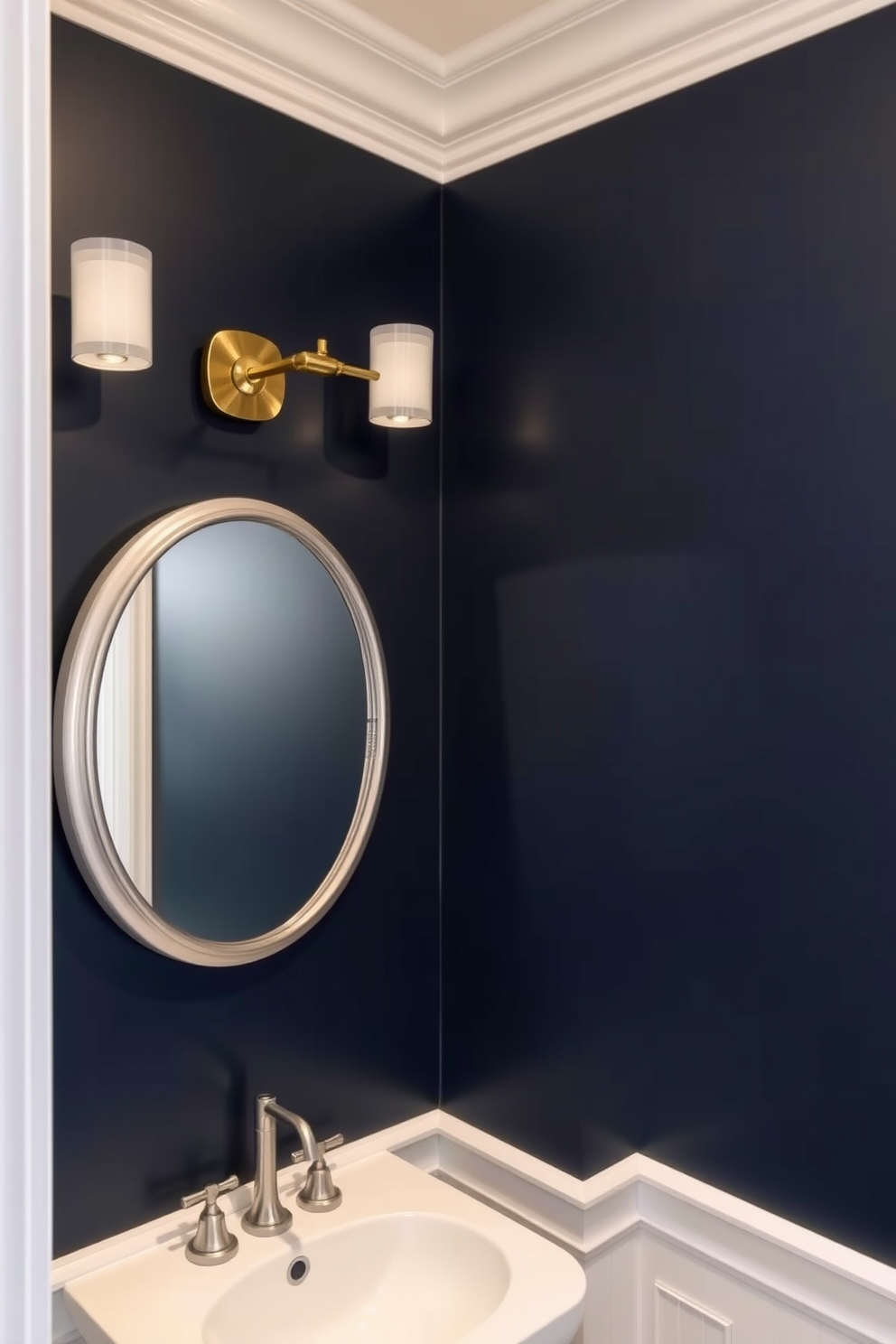 Crown molding in contrasting colors enhances the elegance of the moody powder room. The walls are painted in a deep navy blue, while the crown molding is a crisp white, creating a striking visual contrast.