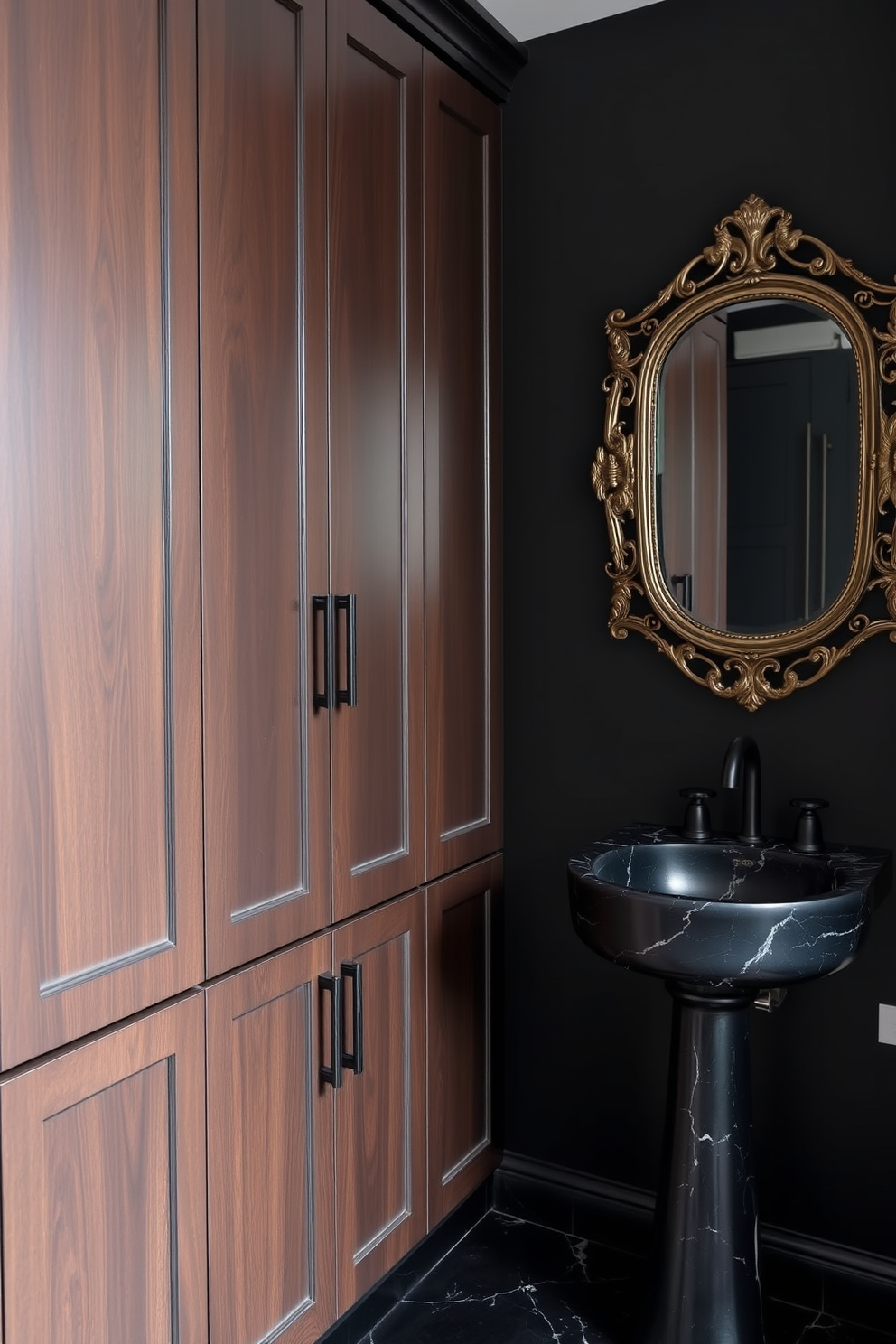 Chic black and white contrast design. The walls are painted in a deep matte black, creating a striking backdrop for the white fixtures and accessories. A sleek white pedestal sink sits against the wall, complemented by a modern black faucet. Above the sink, a round black-framed mirror reflects the elegant lighting from a stylish chandelier. Moody powder room design ideas. The floor features glossy black tiles that add depth and sophistication to the space. A unique black and white wallpaper with abstract patterns adorns the walls, enhancing the room's dramatic ambiance. A plush white rug lies beneath a small black stool, providing a cozy touch to the overall design.