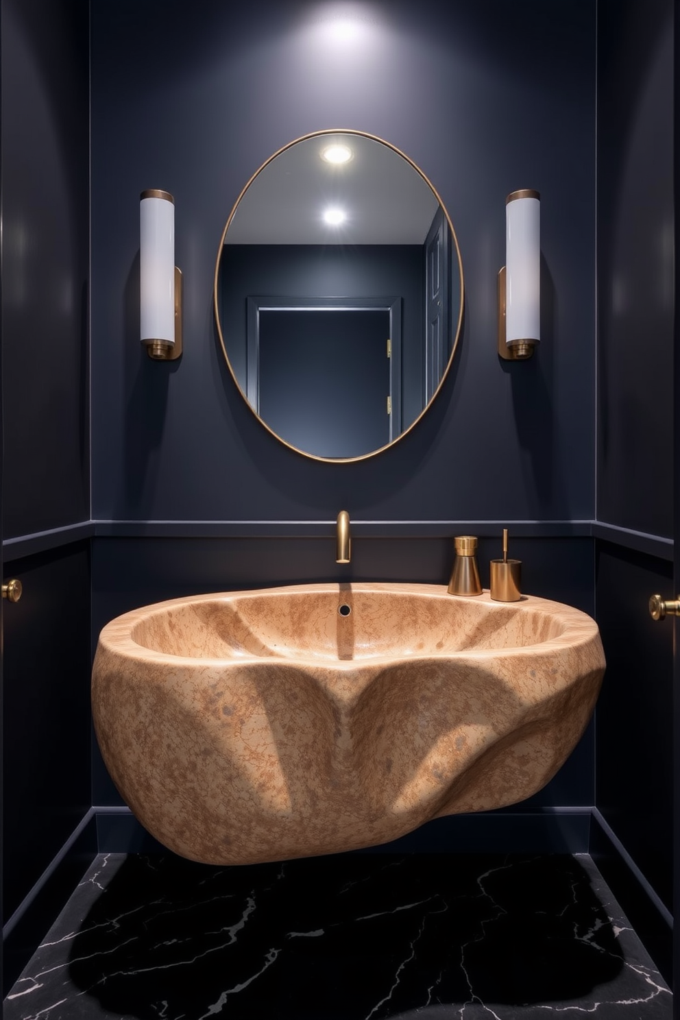 A sculptural sink serves as the centerpiece of a moody powder room, showcasing unique curves and textures that draw the eye. Dark, rich colors envelop the space, with deep navy walls and a dramatic black marble floor that enhance the artistic ambiance. Soft, ambient lighting highlights the sink's sculptural form while creating an inviting atmosphere. Accents of gold or brass fixtures add a touch of luxury, contrasting beautifully against the moody backdrop.