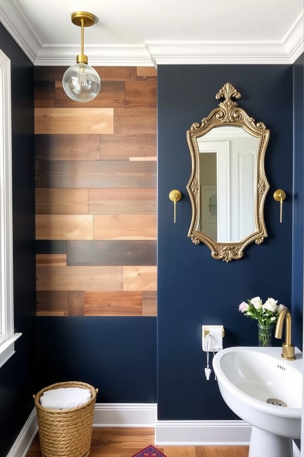 A moody powder room featuring bold geometric patterns on the wallpaper creates a striking focal point. The space is accented with a sleek black vanity and a round mirror framed in brushed gold. Rich, deep colors like navy and emerald green dominate the design, enhancing the room's dramatic ambiance. Unique light fixtures with angular designs provide both illumination and artistic flair.