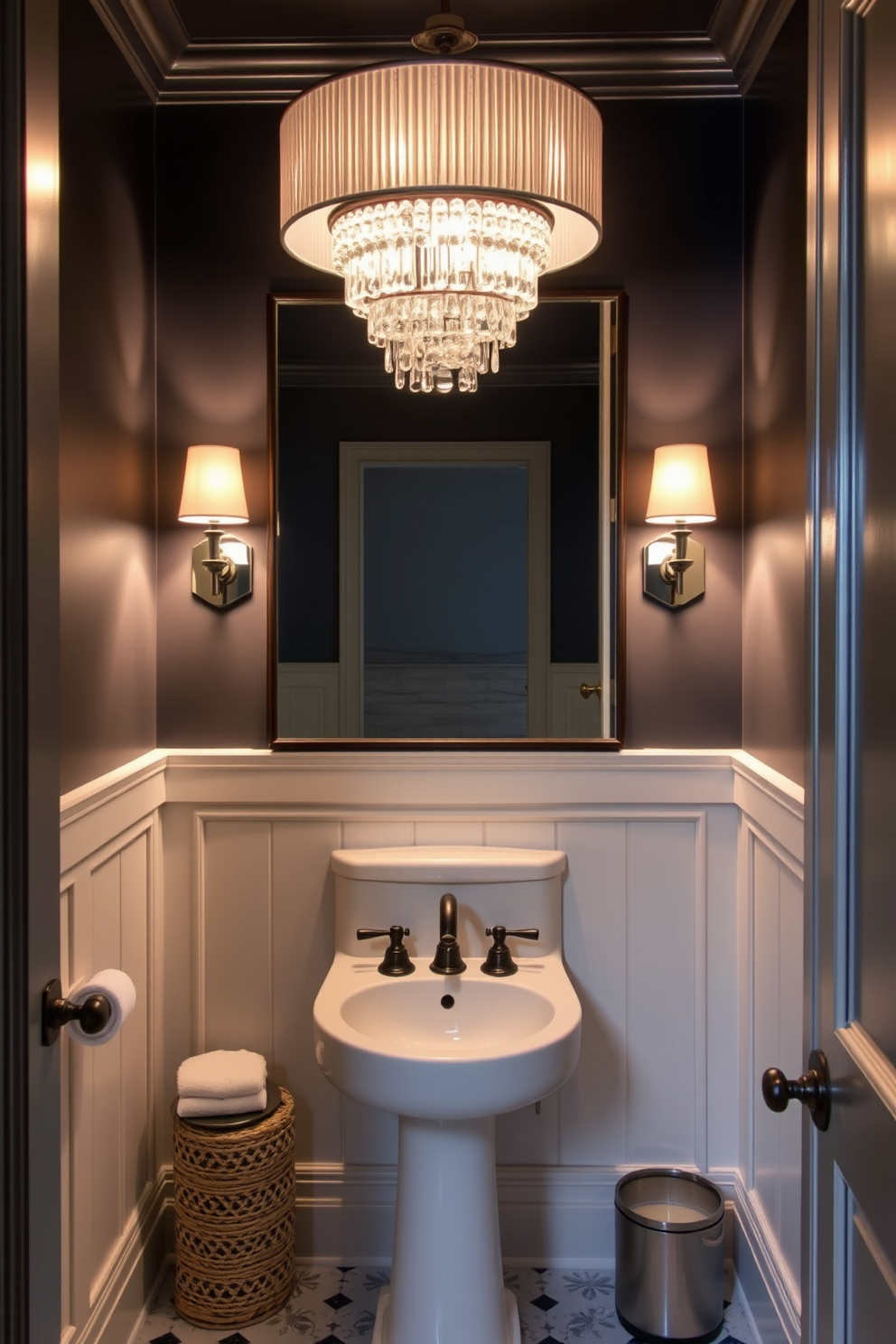 A moody powder room featuring contemporary fixtures. The walls are painted in a deep navy blue, and the floor has sleek black tiles with a glossy finish. A modern pedestal sink with a matte black faucet sits against the wall. Decorative elements include a round mirror with a thin gold frame and a stylish wall sconce with warm lighting.