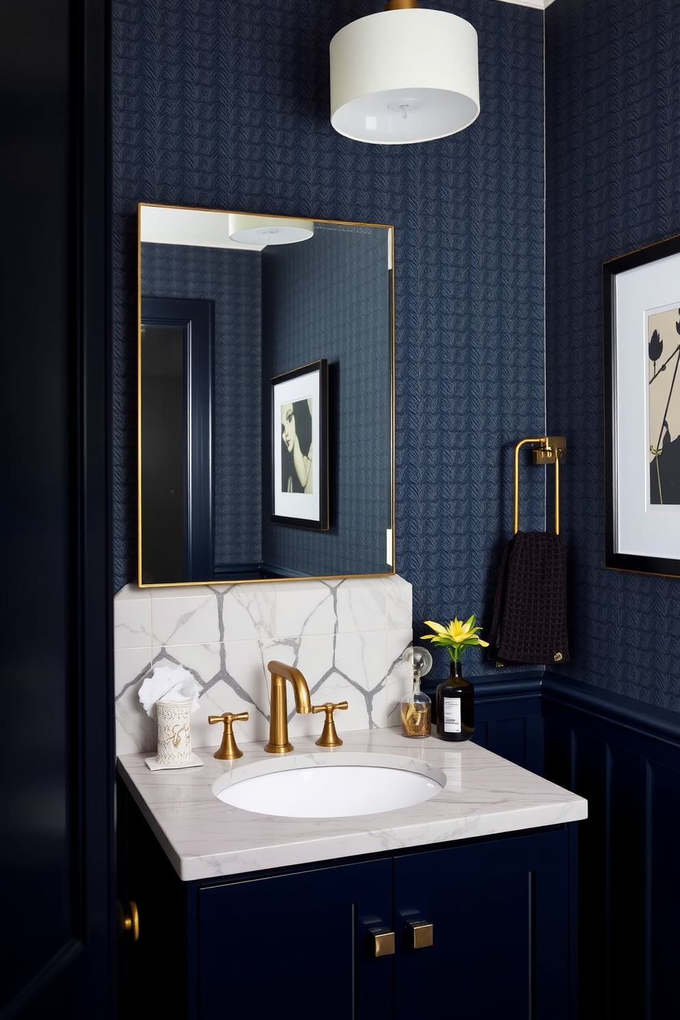 Rich navy cabinetry with sleek brass fixtures creates an elegant focal point in the moody powder room. The walls are adorned with a deep, textured wallpaper that enhances the sophisticated atmosphere.