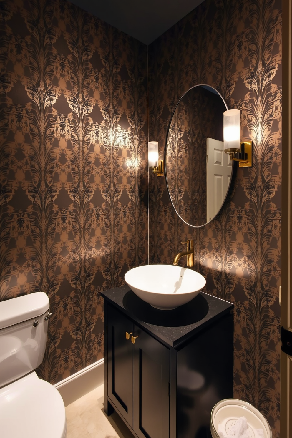 Chic wallpaper with metallic accents creates an elegant backdrop for a moody powder room. The walls are adorned with intricate patterns that shimmer subtly, enhancing the room's ambiance. A sleek, dark vanity complements the wallpaper, featuring a vessel sink that stands out as a focal point. Soft, ambient lighting highlights the metallic details, casting a warm glow throughout the space.