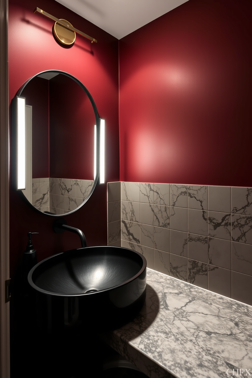 A moody powder room featuring a striking black sink set against a luxurious marble countertop. The walls are adorned with deep, rich colors, creating an intimate and dramatic atmosphere.