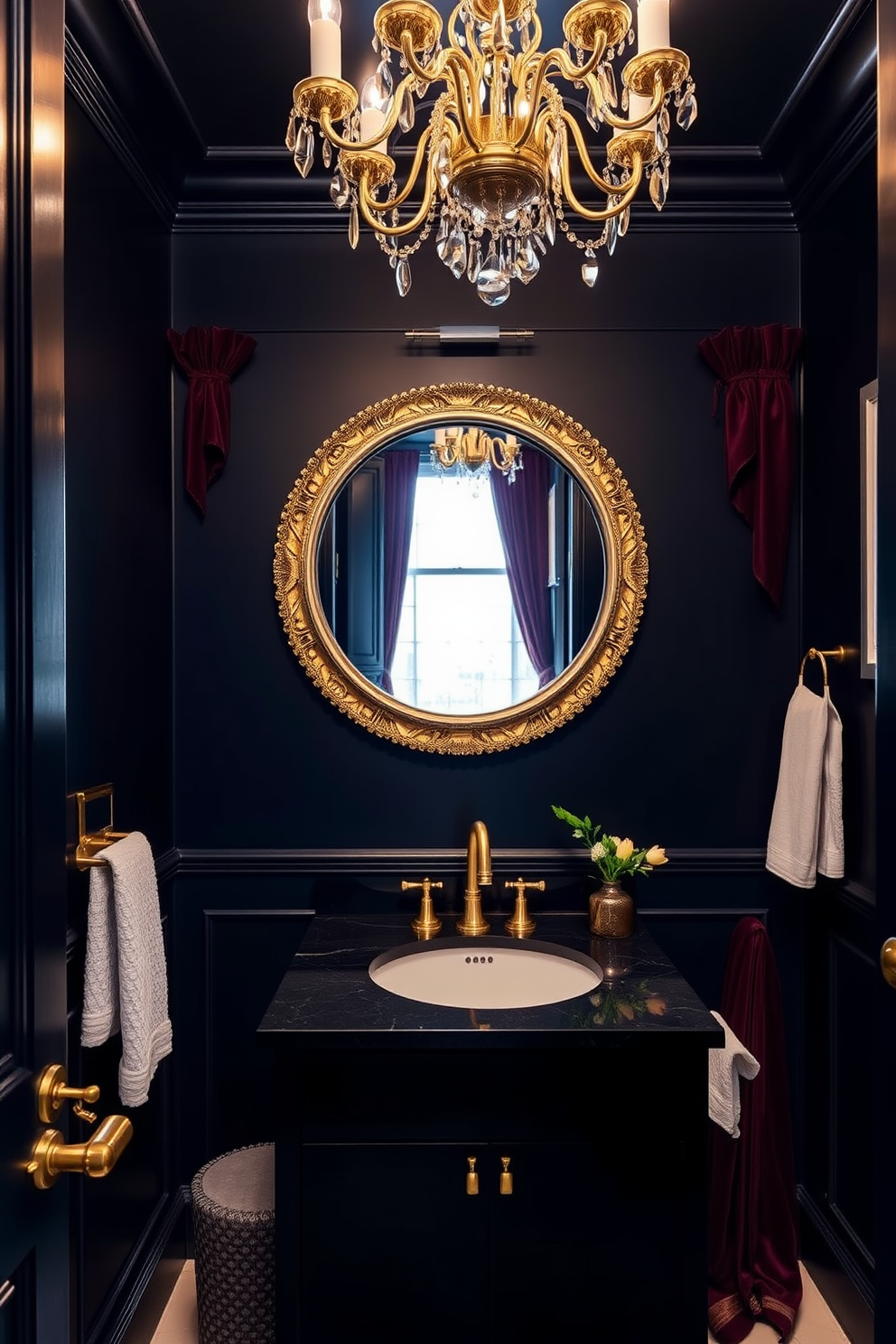 A moody powder room adorned with forest green wallpaper featuring intricate botanical prints. The space is illuminated by soft, ambient lighting that highlights the rich textures and colors of the design.