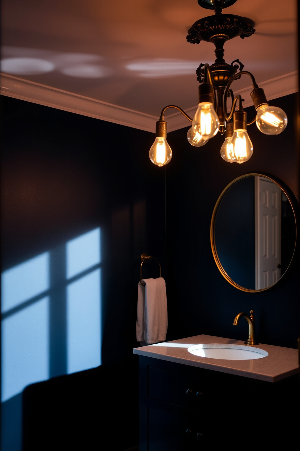 Dramatic lighting fills the space with warmth and intrigue. Vintage bulbs hang from an ornate ceiling fixture, casting soft shadows across the room. The walls are painted in a deep navy blue, creating an intimate atmosphere. A sleek black vanity contrasts beautifully with the rich tones, featuring a round mirror framed in antique brass.