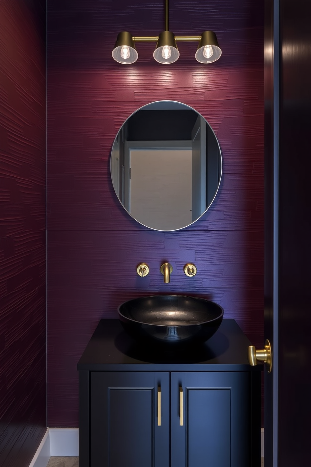 Textured wall panels in deep hues create a dramatic atmosphere in a moody powder room. The space features a sleek black vanity with a vessel sink, complemented by stylish gold fixtures and ambient lighting.